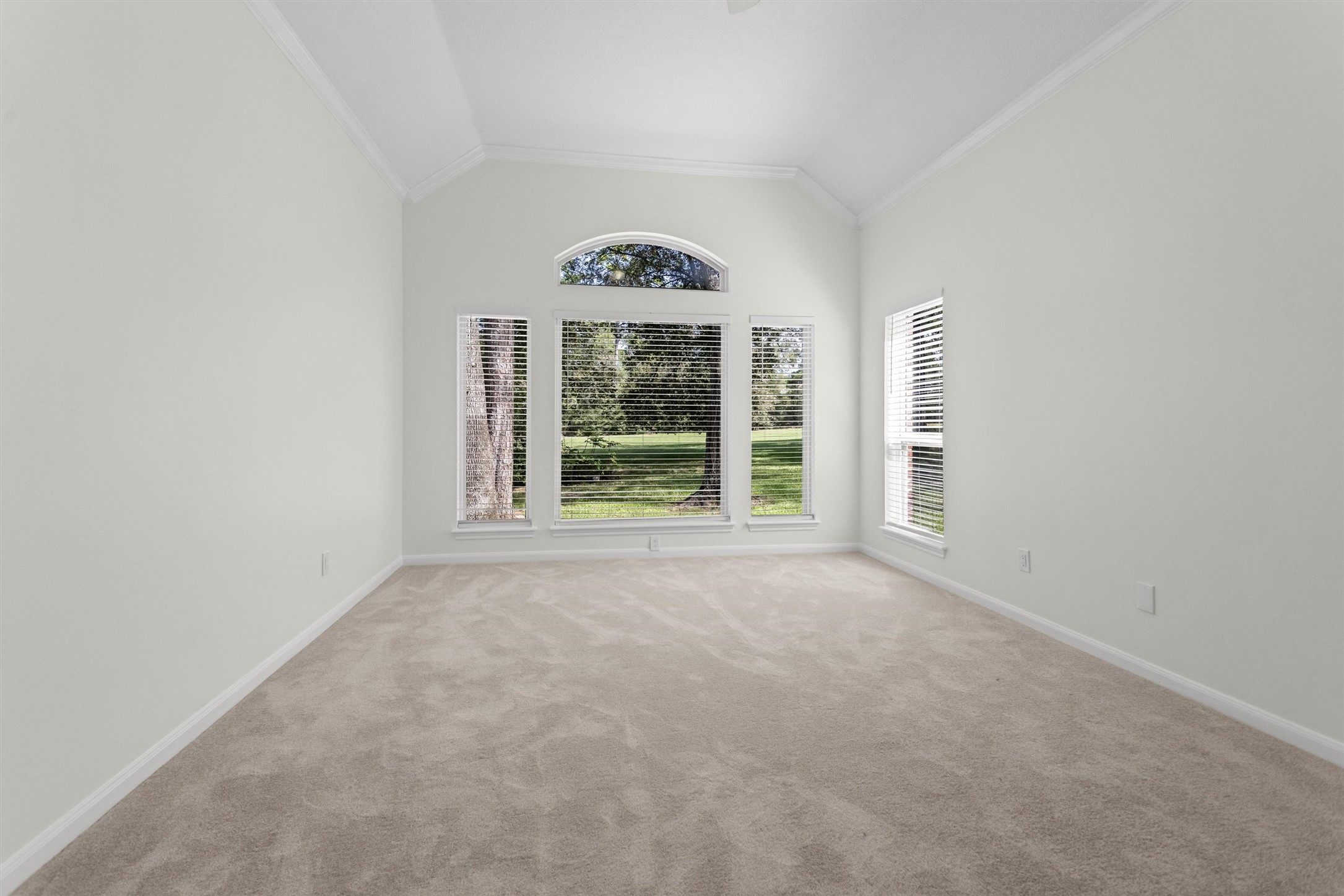 The primary bedroom is oversized, easily accommodating large furniture and a sitting area for enjoying the backyard views. This space has been refreshed with new carpet and fresh paint.