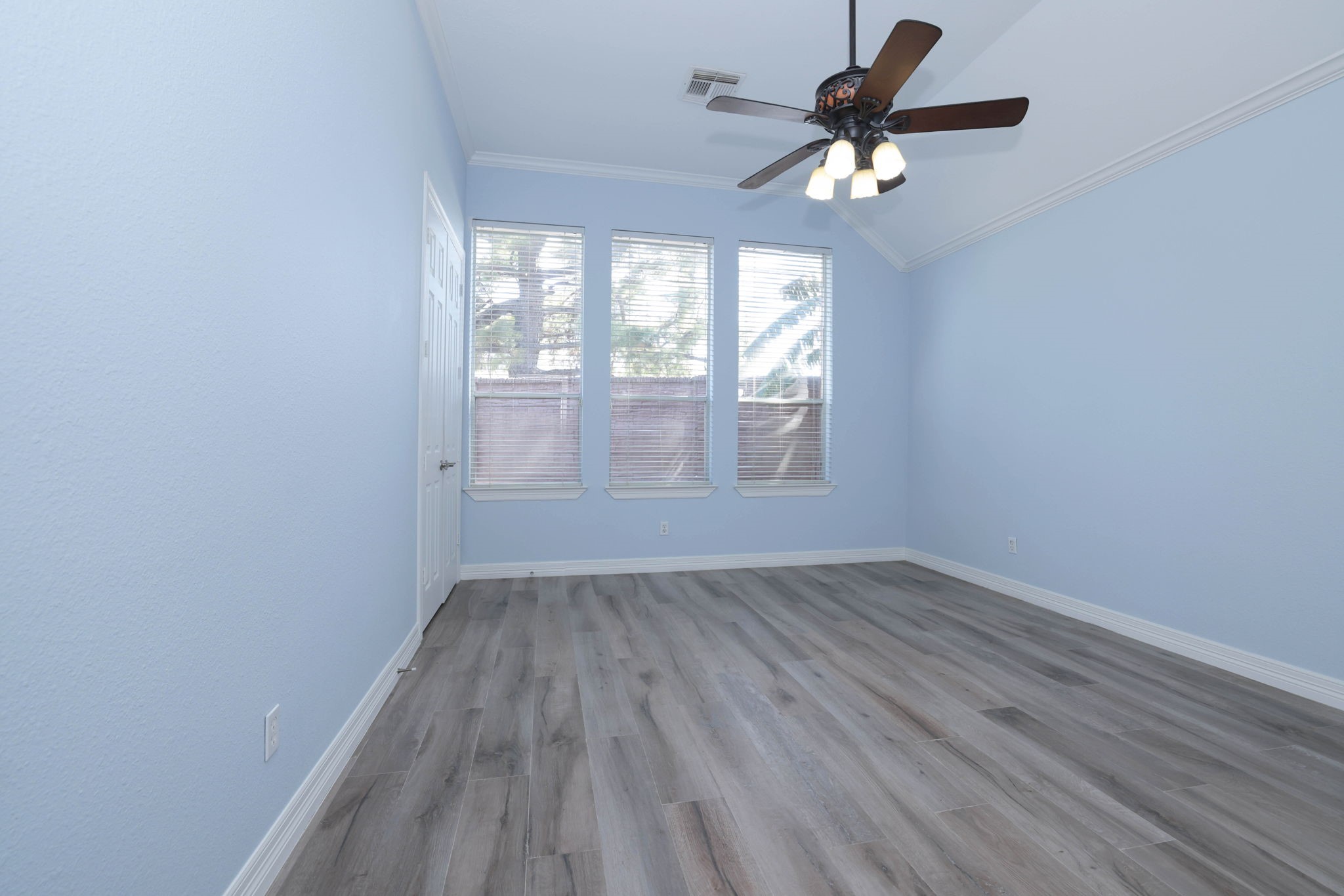 The primary bedroom is on the first floor and has 2 closets.  On is the bedroom and the other is off of the bath.