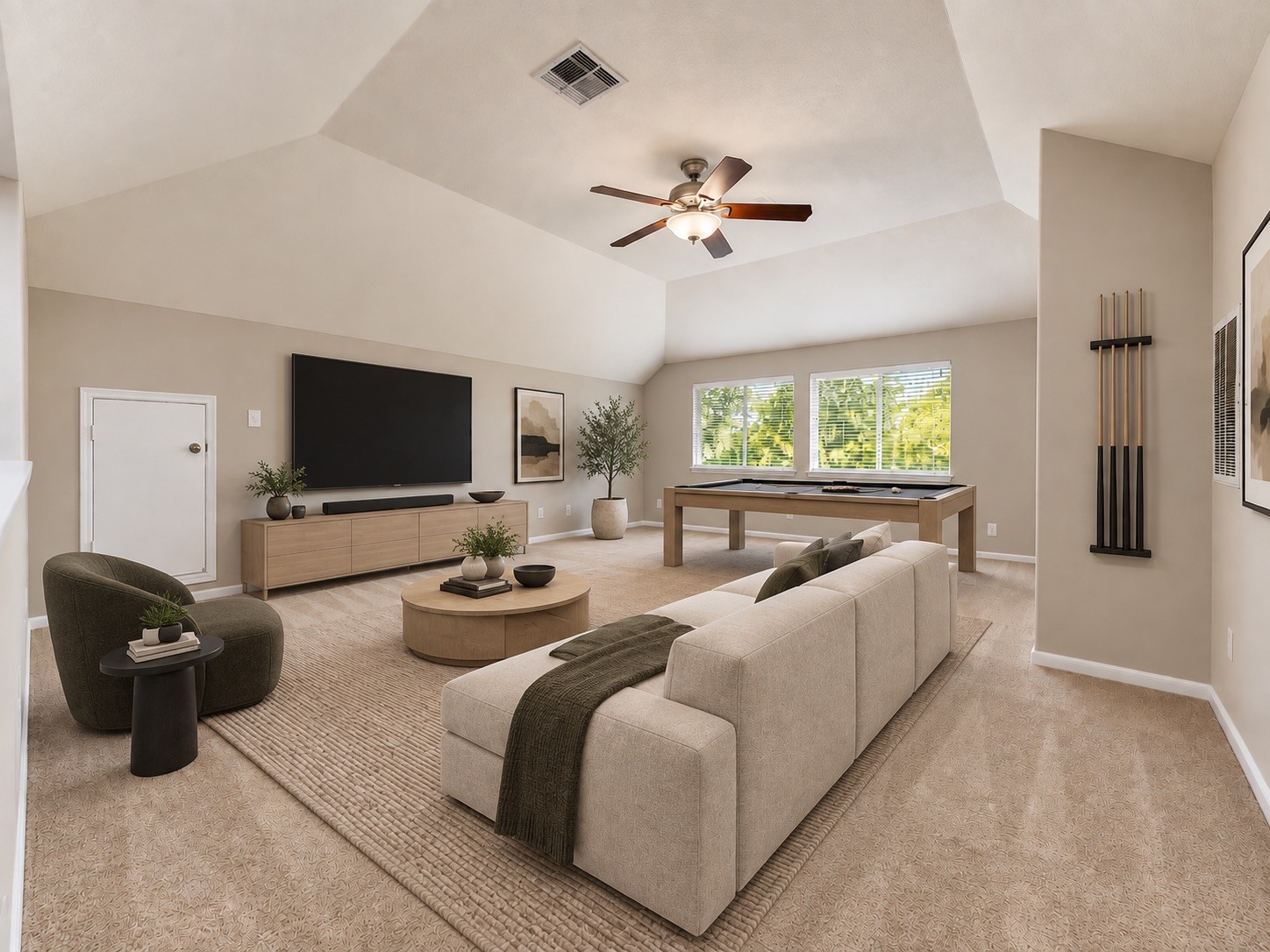 Game room on second floor. Virtually staged to help visualize the rooms potential.