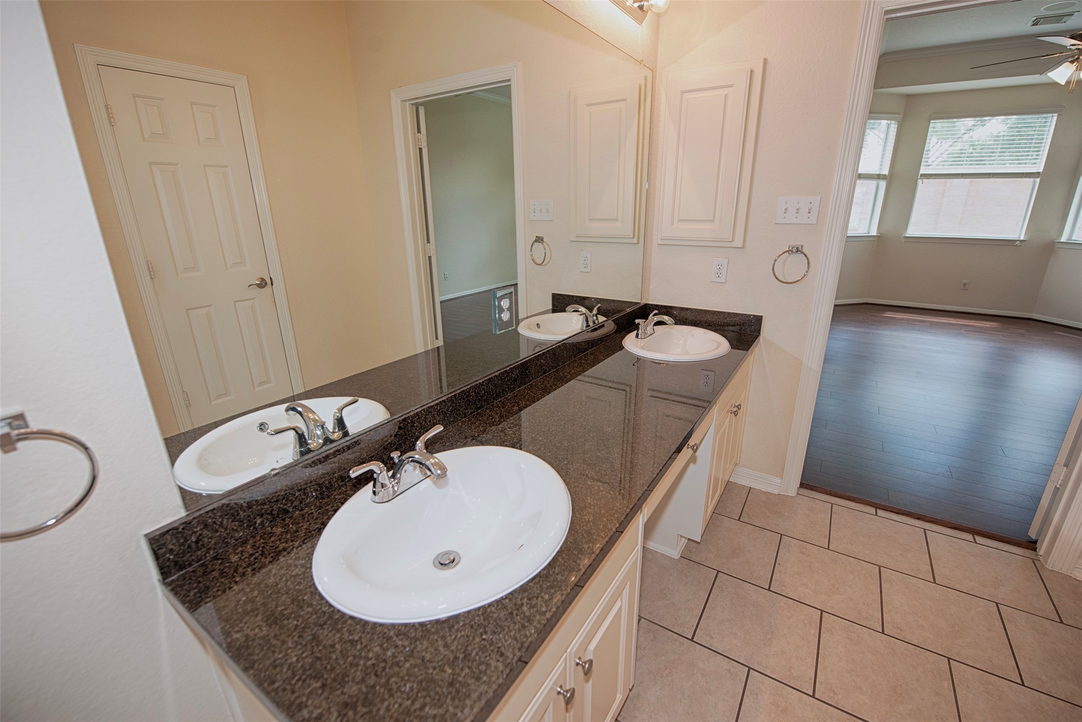 A view of the double vanity showing the great storage. There is also a medicine cabinet.