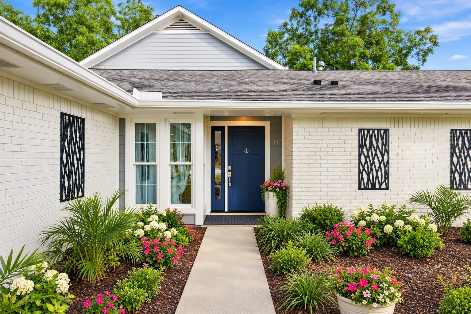 The front of the home has a welcoming walkway.