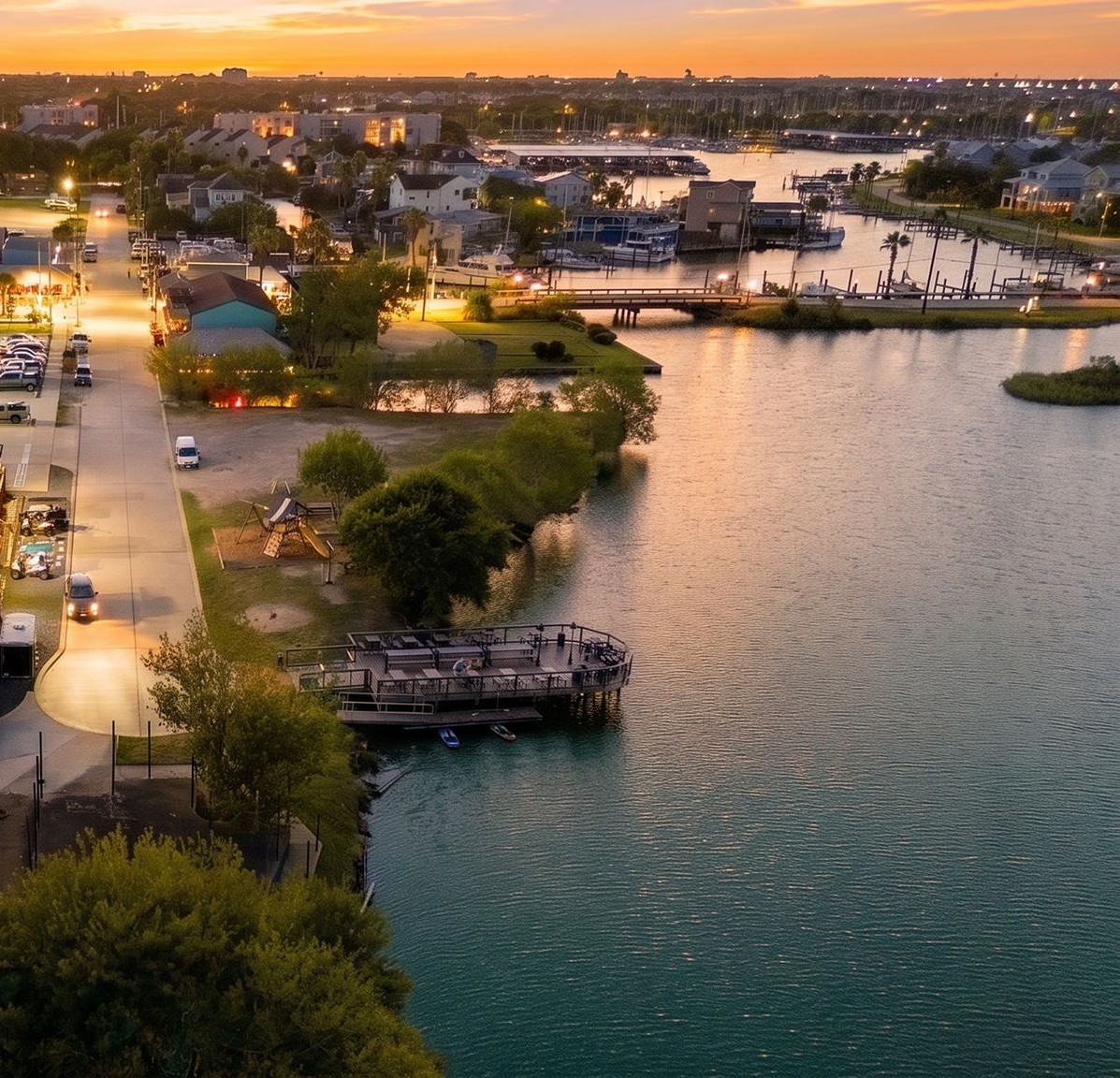 The entrance to the island offers many eateries and options for dining and entertainment.
