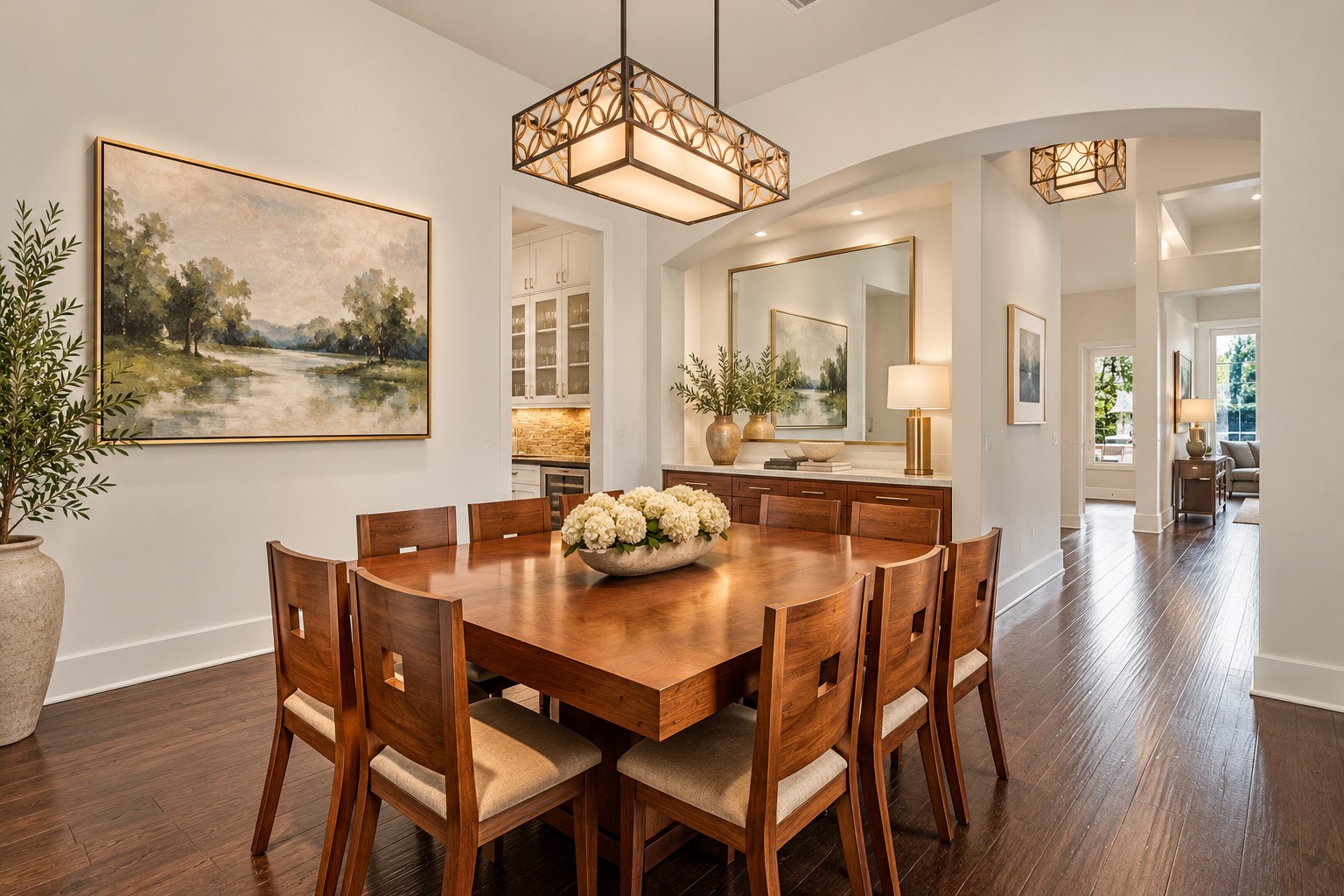 Elegant formal dining room featuring a beautiful statement chandelier, sophisticated finishes, and an inviting atmosphere perfect for entertaining.