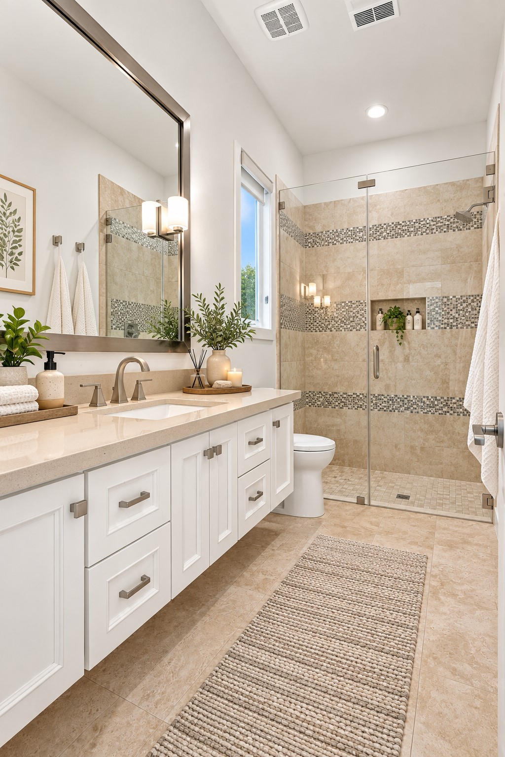 Stylish full bath featuring a spacious vanity, elegant finishes, and a glass-enclosed walk-in shower.