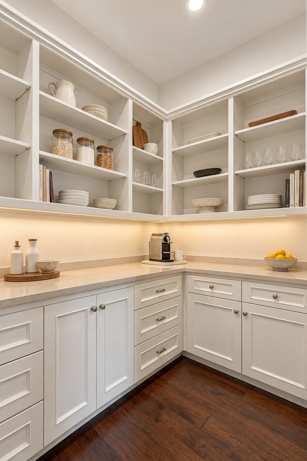 Spacious walk-in pantry featuring abundant custom cabinetry, open shelving, and generous counter space for exceptional storage and organization.