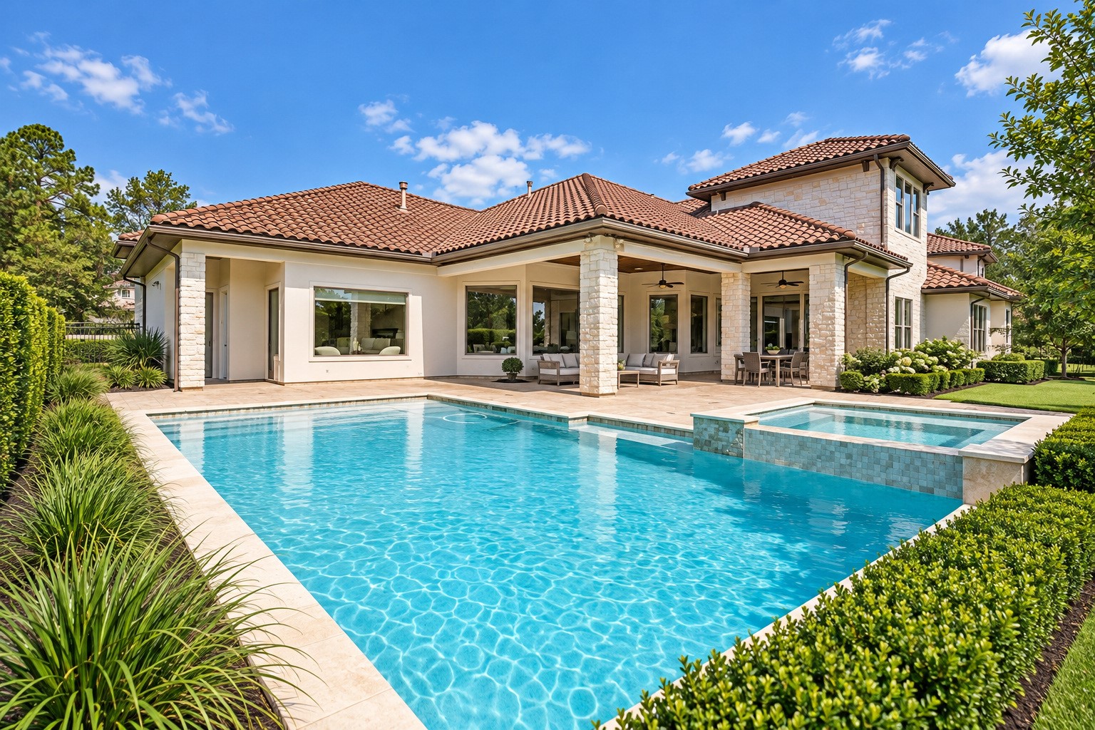 Backyard retreat featuring a sparkling swimming pool, spacious covered patio, and plenty of room for outdoor dining and entertaining. The perfect setting for relaxing and enjoying outdoor living year-round.