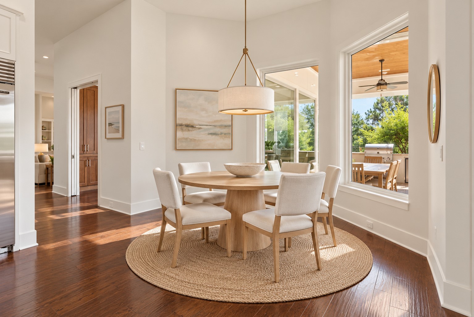 Charming breakfast room filled with natural light, overlooking the covered patio and sparkling pool.