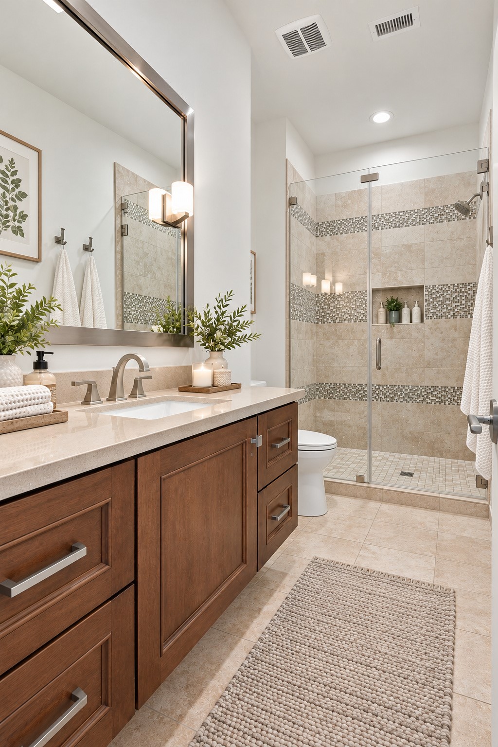 Elegant upstairs full bath adjoining the spacious guest retreat, featuring a generous vanity and glass-enclosed walk-in shower.