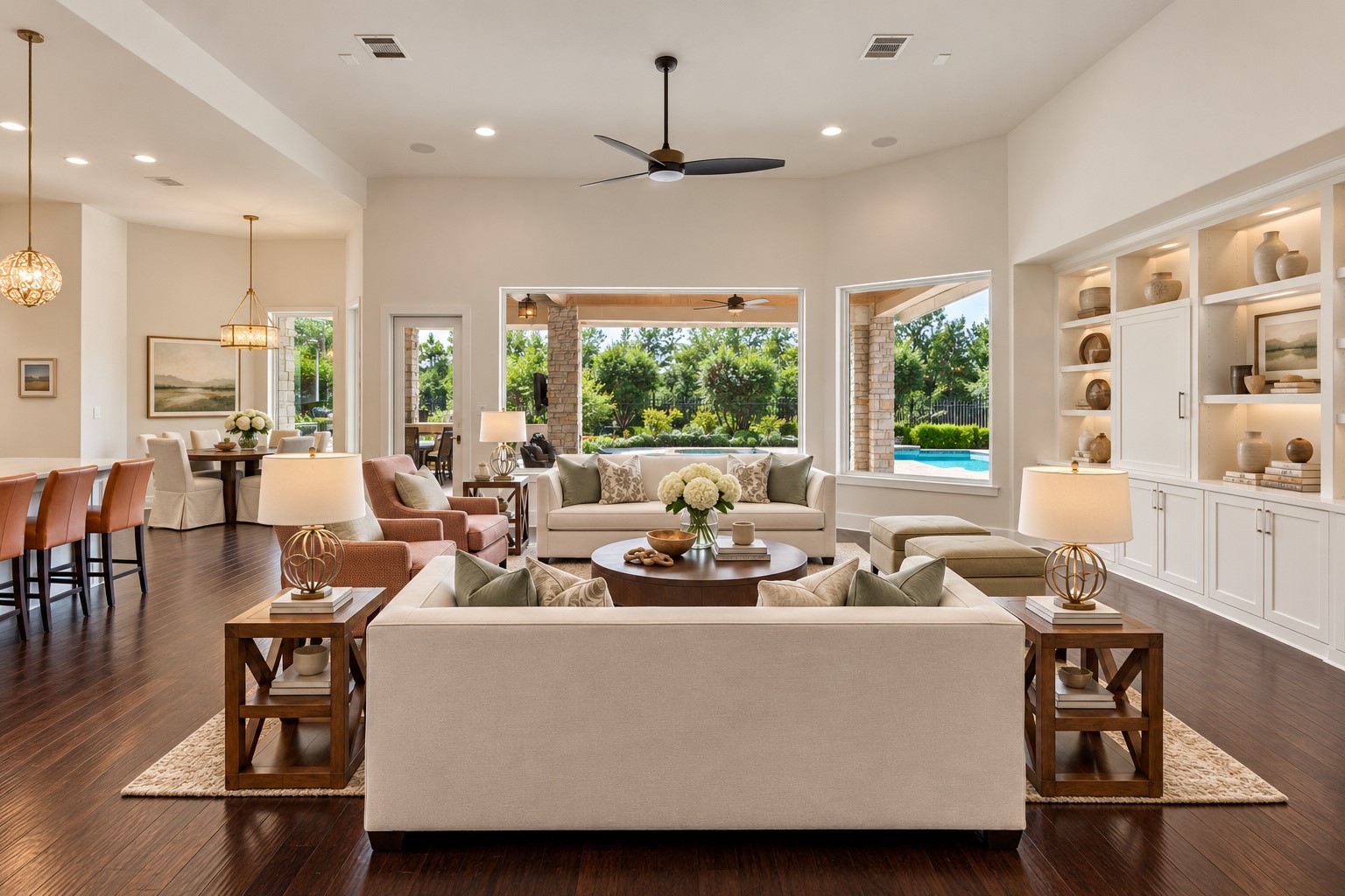 Expansive family room featuring soaring ceilings, beautiful built-ins, and walls of windows showcasing the stunning backyard and pool views.
