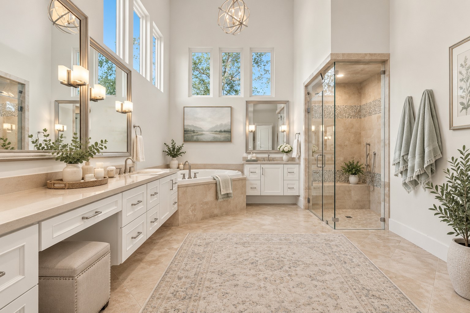 Spa-inspired primary bath featuring dual vanities, a luxurious soaking tub, spacious walk-in shower, and soaring ceilings with abundant natural light.