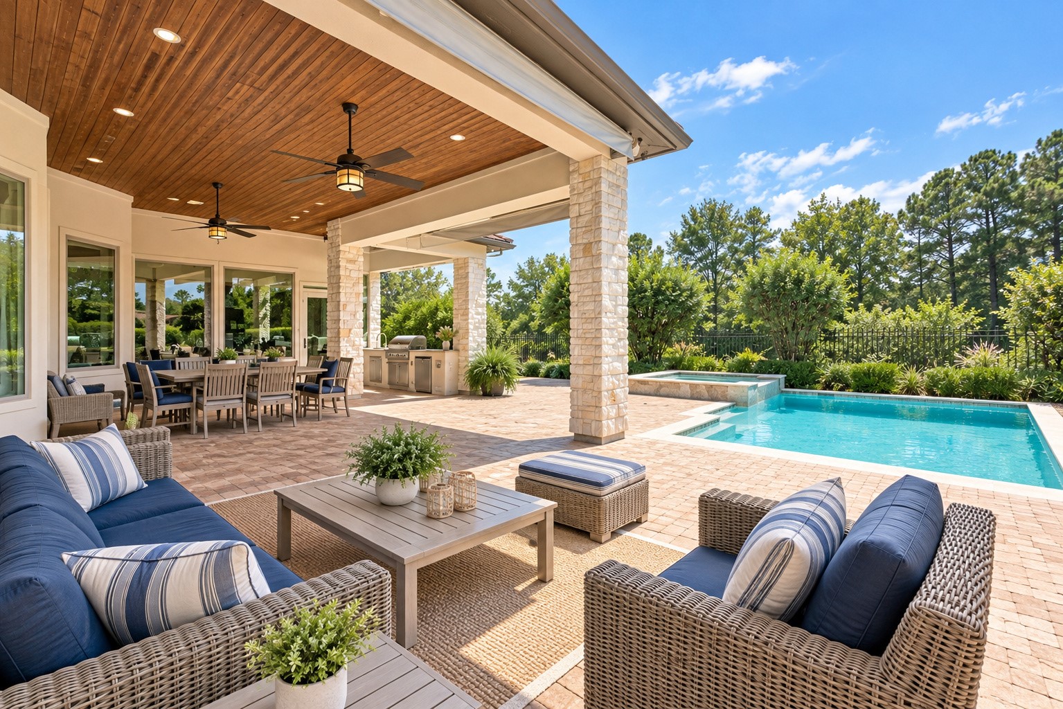Expansive covered patio featuring a beautiful wood ceiling, inviting outdoor living and dining areas, and stunning views of the resort-style pool.