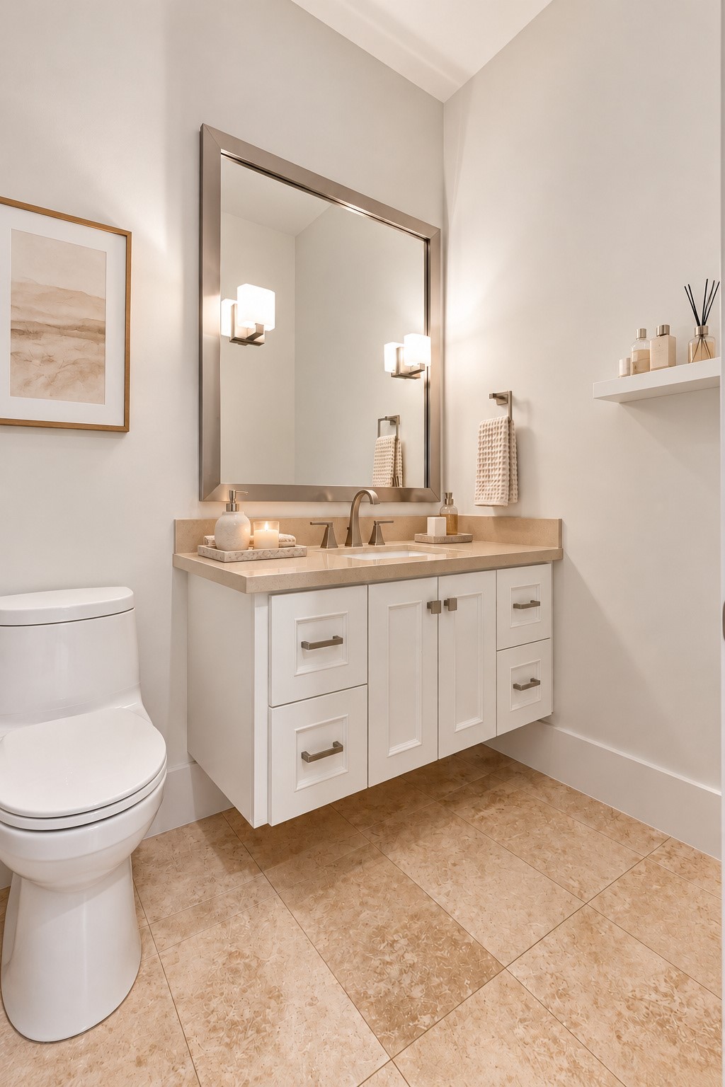 Neutral guest bath featuring a beautiful vanity, elegant fixtures, and timeless finishes.
