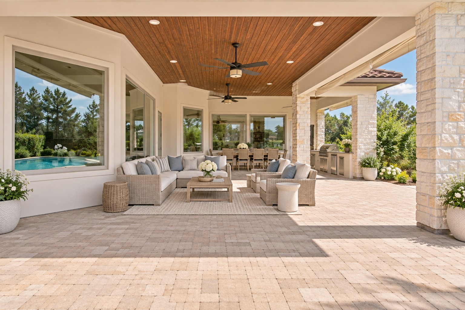 An impressive outdoor living space featuring rich wood-paneled ceilings, beautiful stone columns, and an expansive covered patio designed for year-round enjoyment. Generous dining and lounge areas create the perfect setting for entertaining, all overlooking the sparkling pool and lush backyard surroundings.