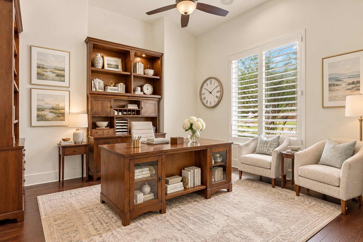 Well-appointed private study conveniently located near the entry, featuring beautiful built-ins, elegant finishes, and abundant natural light.
