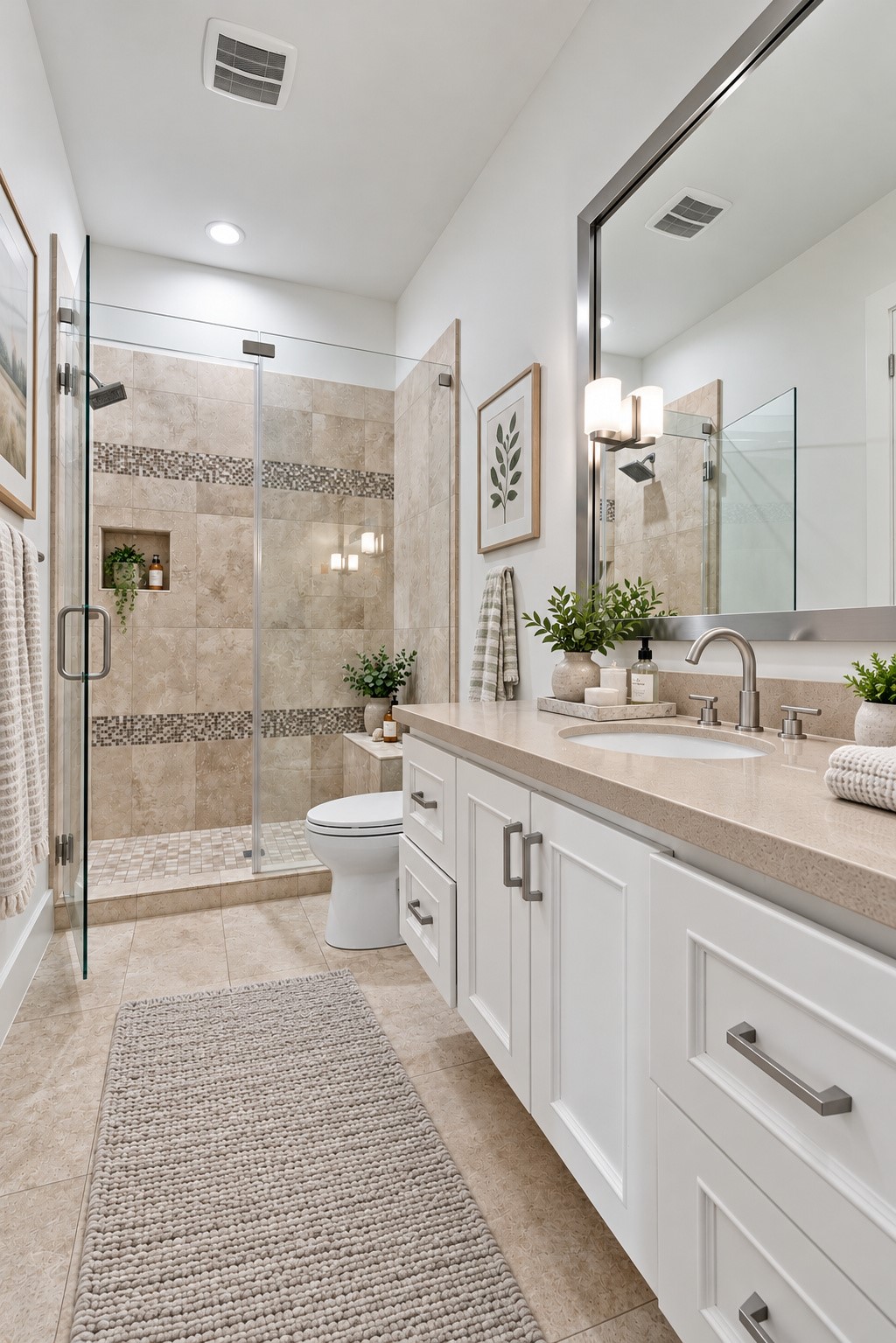 Beautifully appointed bathroom featuring a spacious vanity, elegant finishes, and a glass-enclosed walk-in shower.
