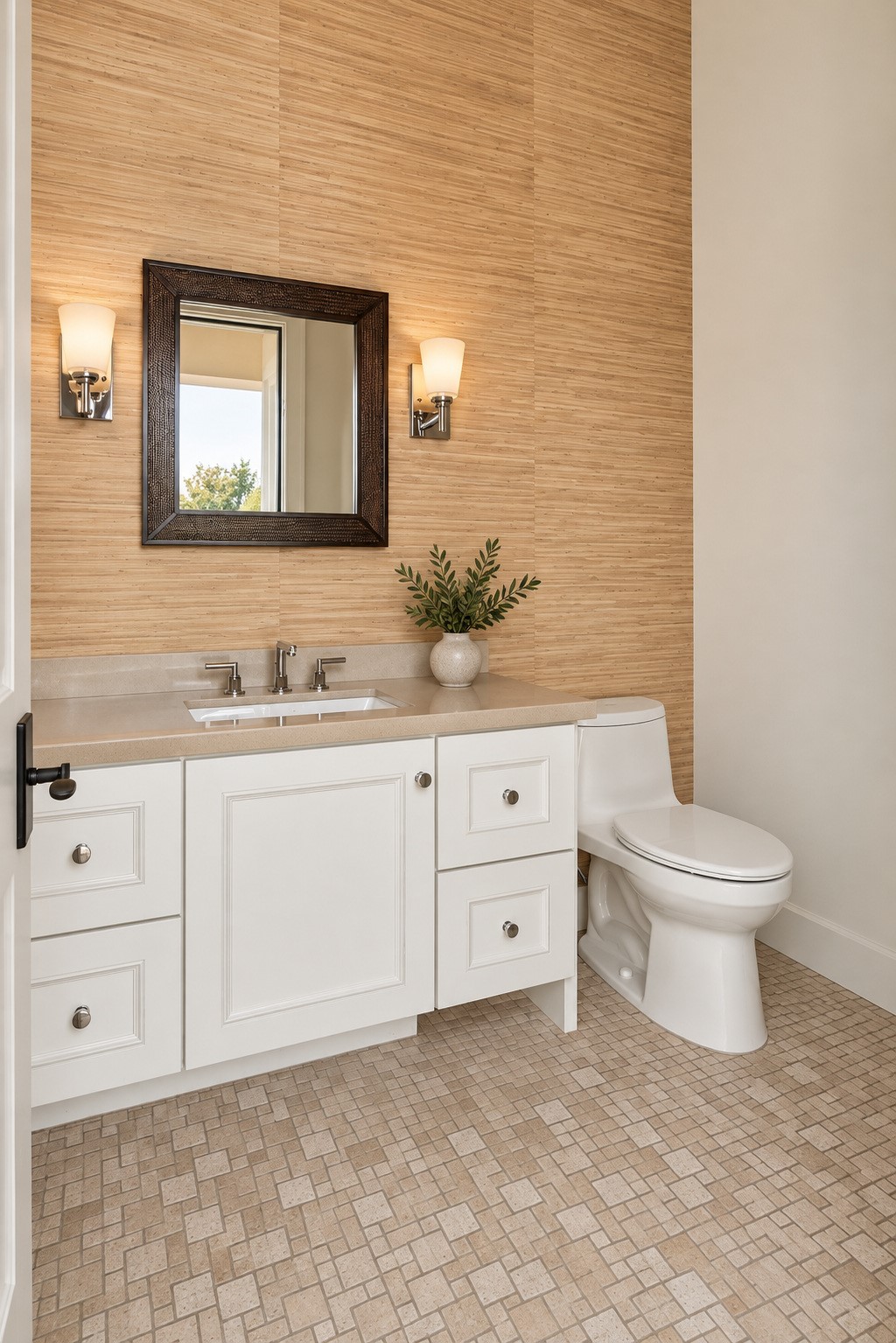 Beautifully appointed bathroom featuring a spacious vanity, elegant finishes, and a glass-enclosed shower.
