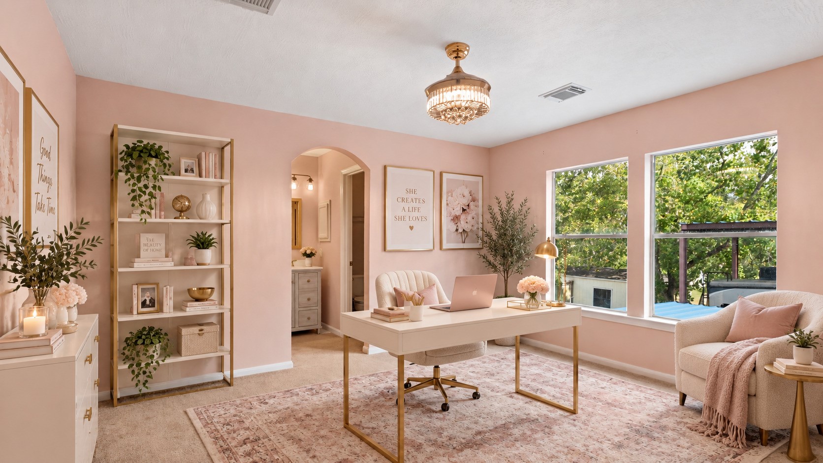 *virtually staged* Tucked upstairs for a little extra privacy, complete with its own private bathroom.
