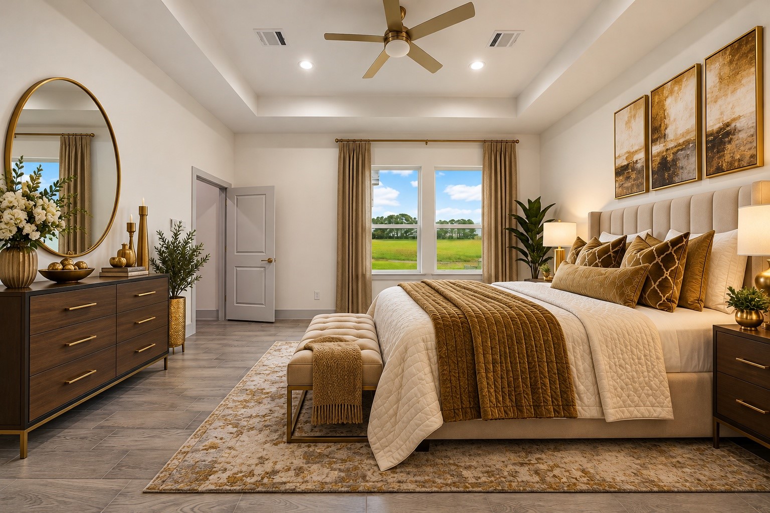 Elegant and spacious 16x13 staged primary bedroom with a warm, neutral palette, featuring a plush upholstered bed, stylish wooden furniture, and large windows offering scenic views.