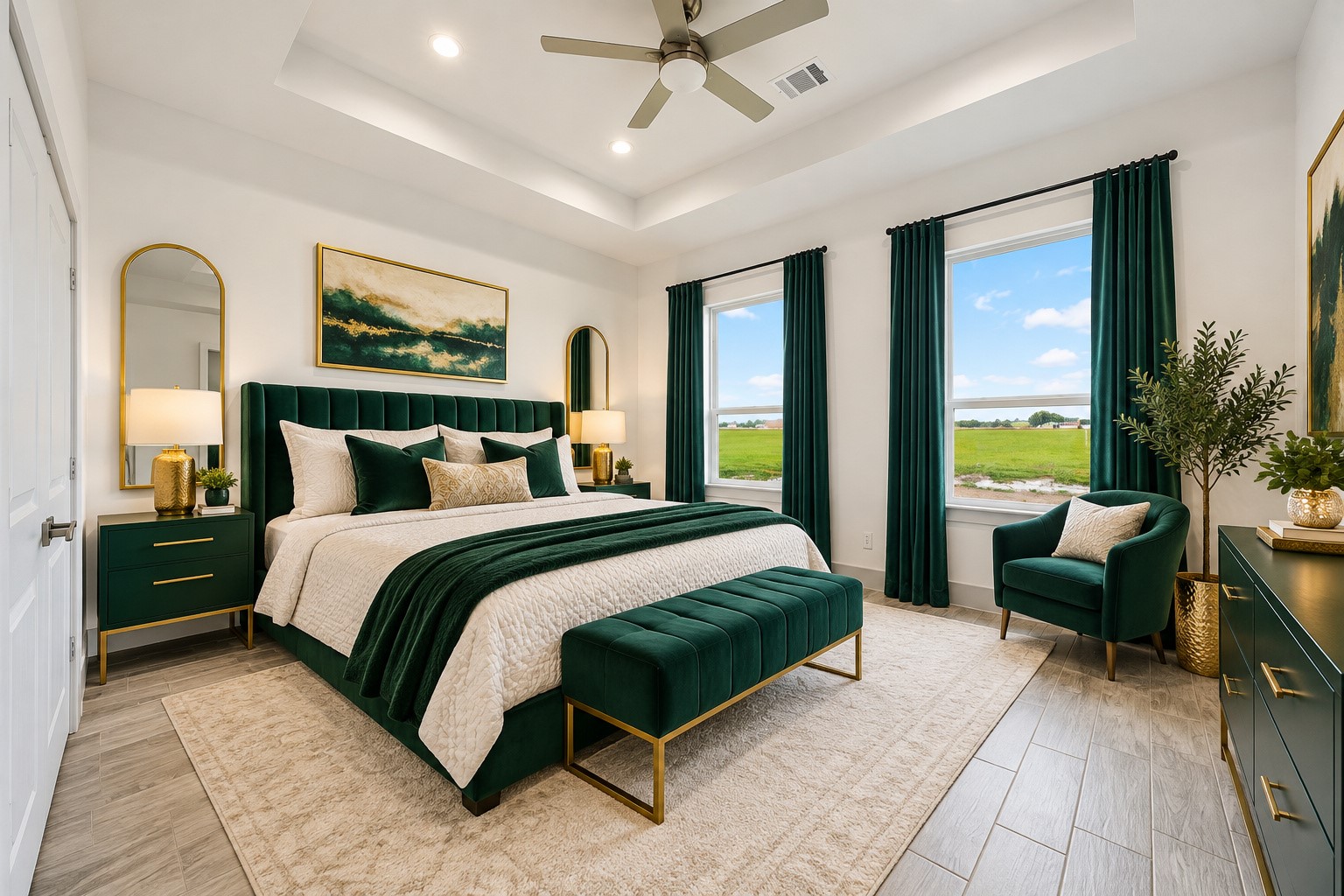 Elegant staged 14.5x12 third bedroom complemented by tray ceilings, modern ceiling fan large windows with serene views.