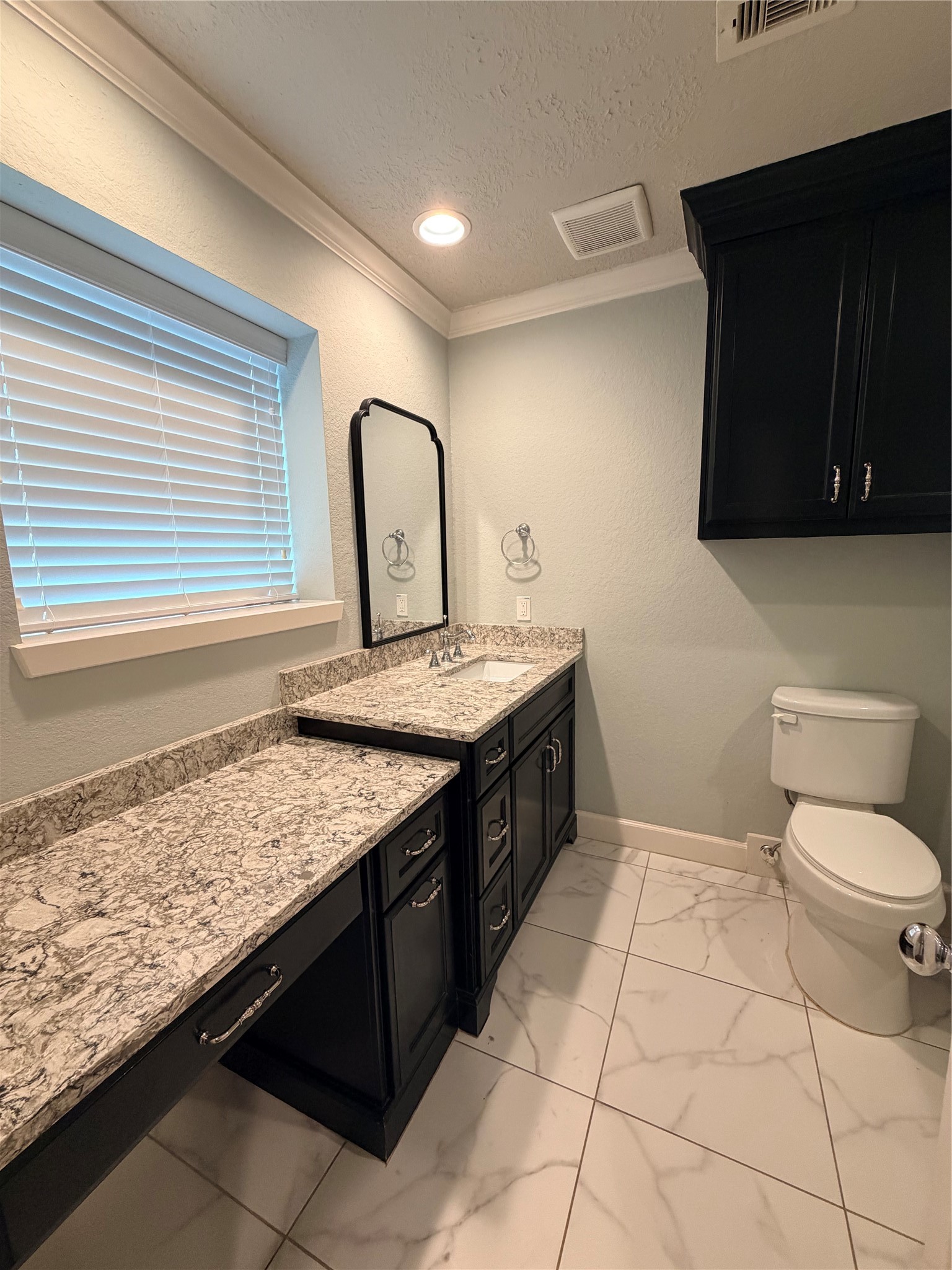 Primary Bathroom. Granite countertops, custom built-in pullouts for hair tools.