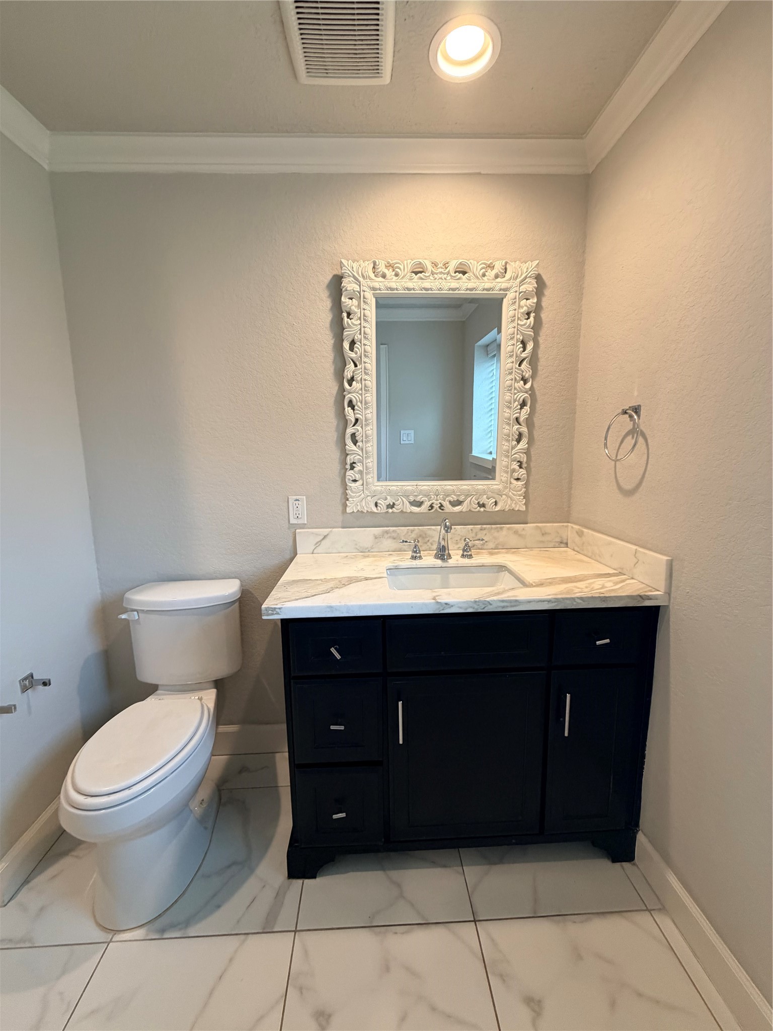 Bathroom 2 custom marble countertop. Comfort height elongated toilet