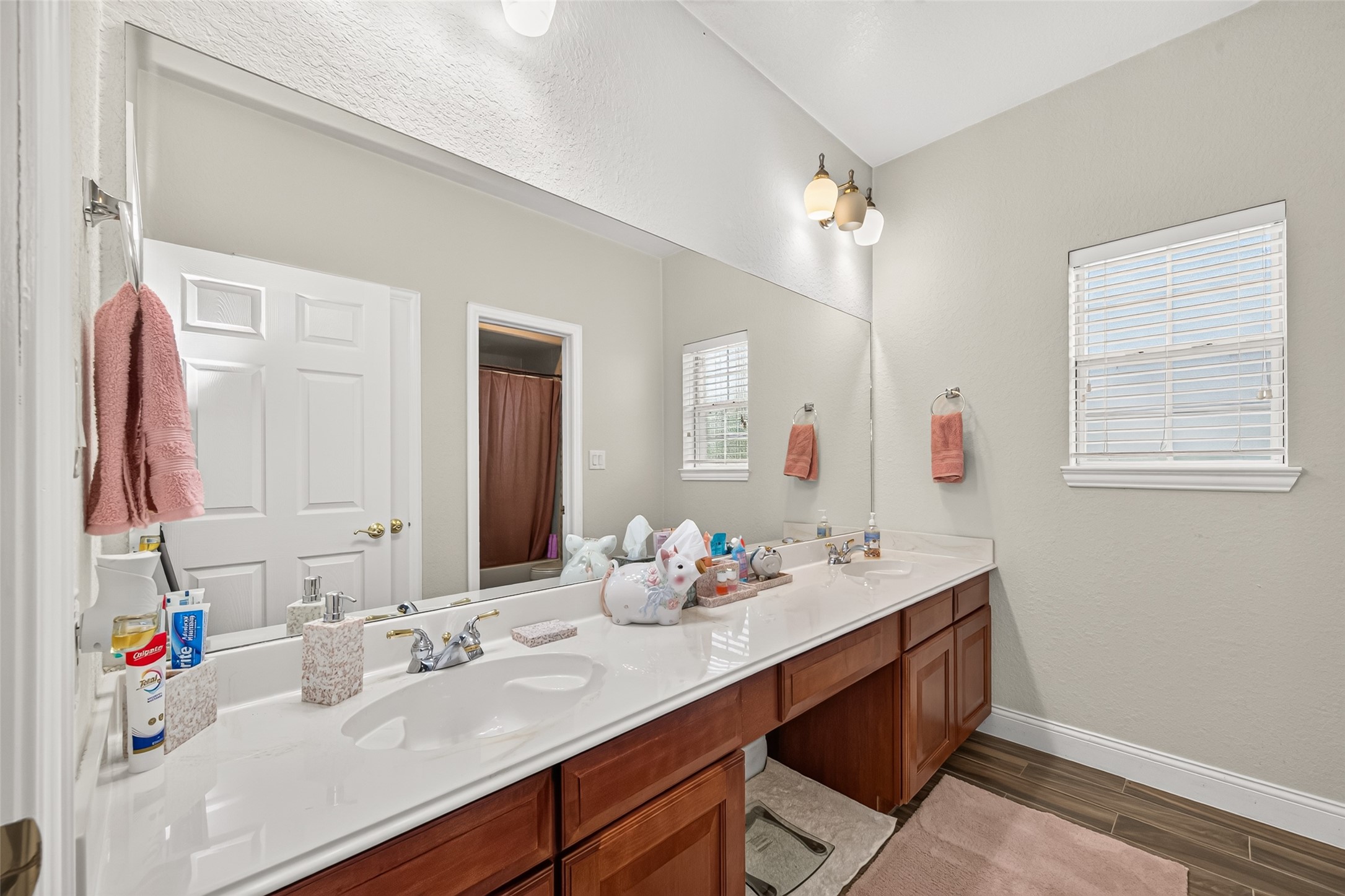 Generously sized secondary bathroom featuring a double-sink vanity, abundant counter space, and plenty of cabinet storage.
