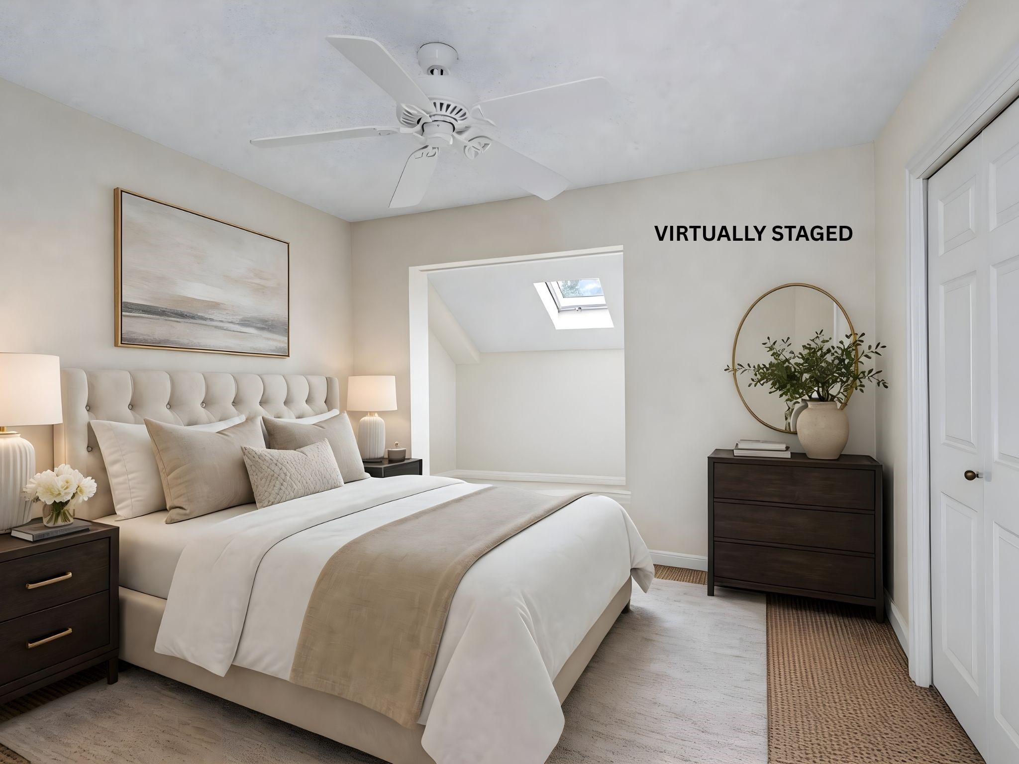 Virtually staged secondary bedroom, showing how this comfortable room can easily serve as a guest suite or family bedroom.