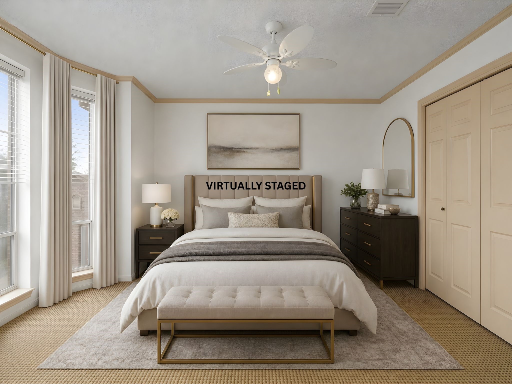 Virtually staged secondary bedroom, showcasing how the layout comfortably accommodates a bed and additional furnishings.