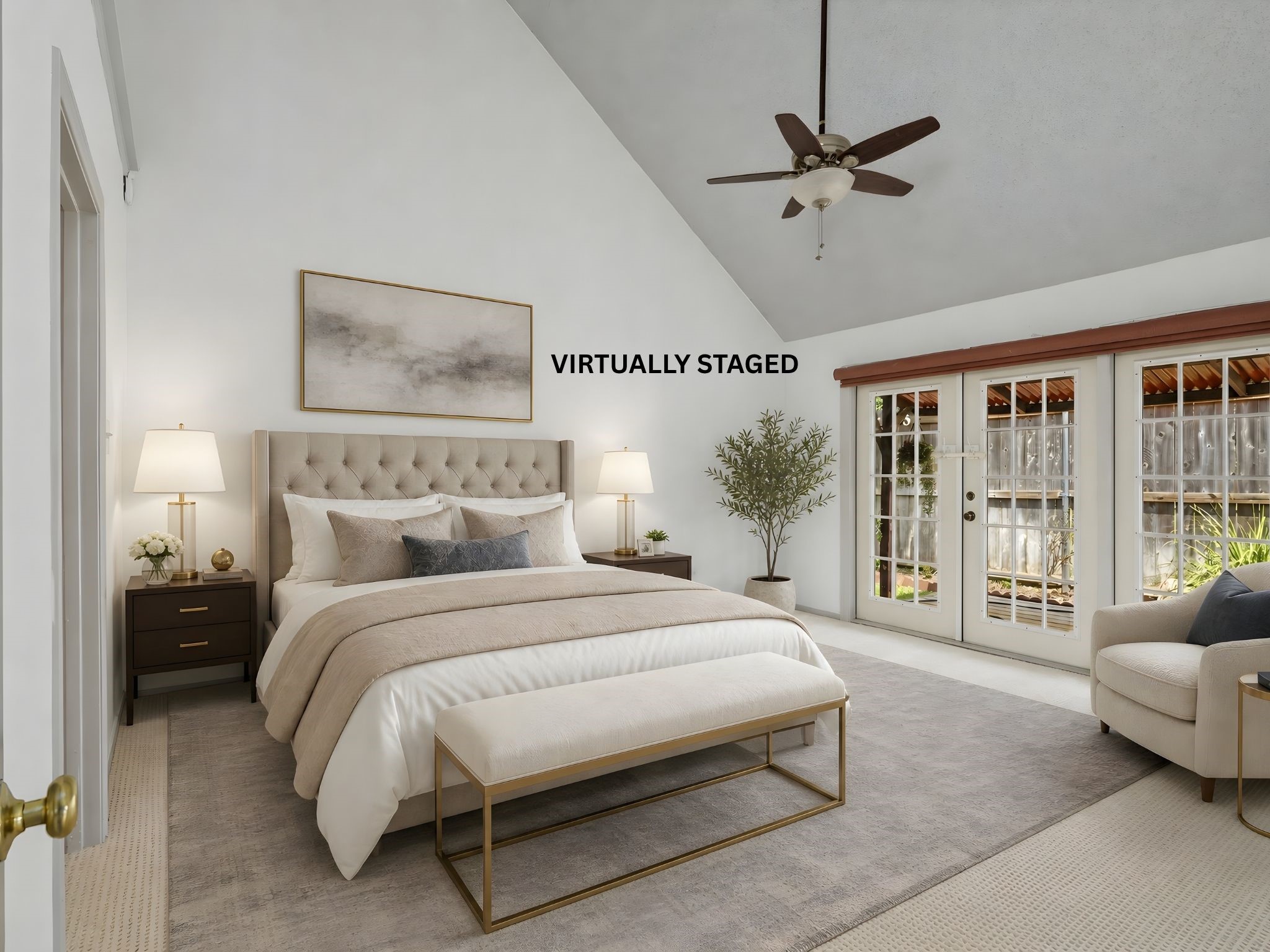 The virtually staged primary bedroom, illustrating how the room's generous proportions and natural light create a peaceful private retreat.