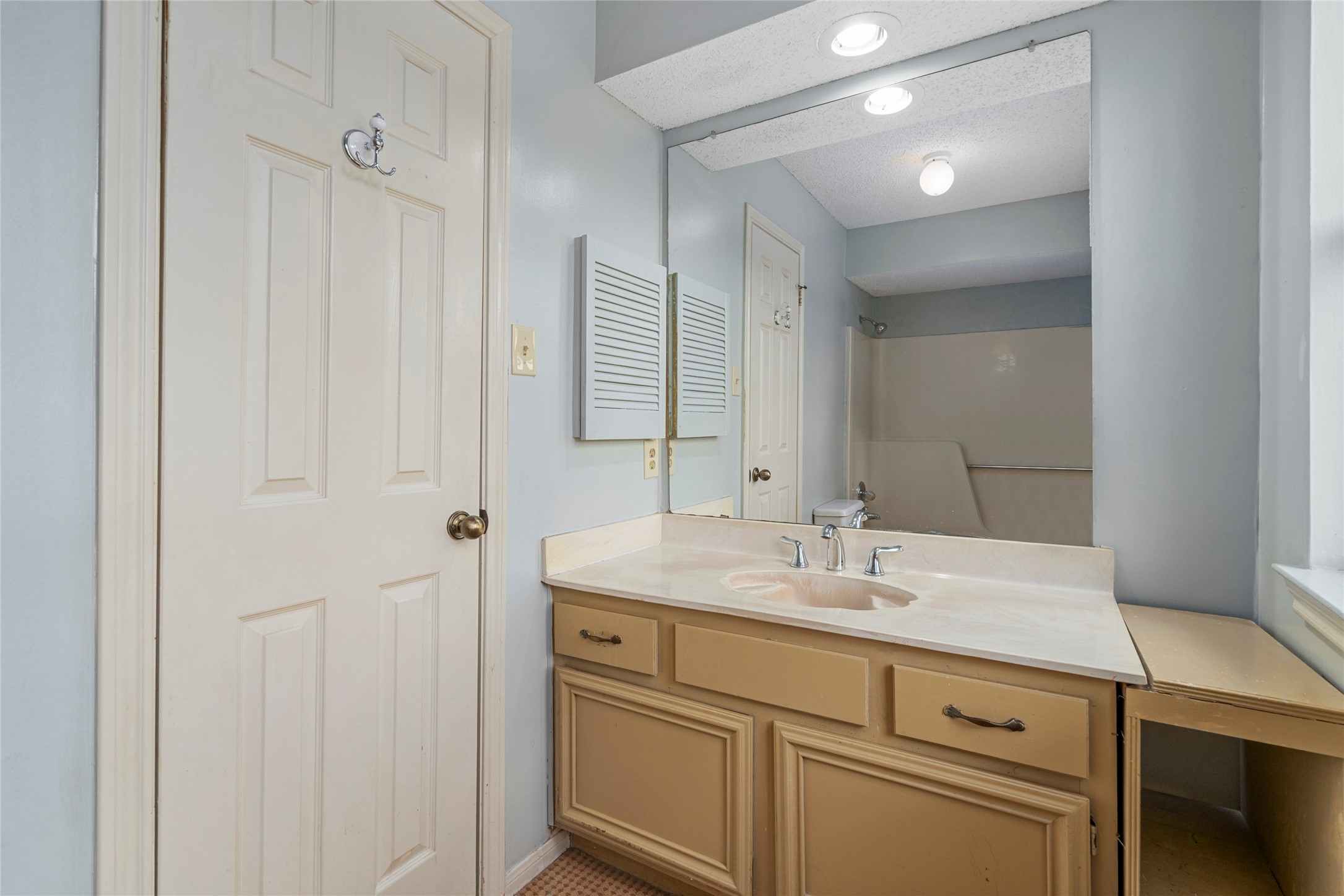 Secondary bathroom vanity with a large mirror, offering a clean, functional space for daily routines.