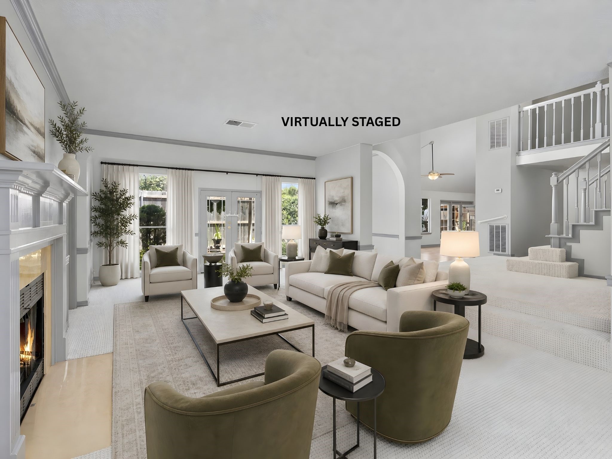 Another virtually staged view of the living room, showcasing tall windows that flood the space with light and frame views of the outdoors. Another virtually staged view of the living room, showcasing tall windows that flood the space with light and frame views of the outdoors.