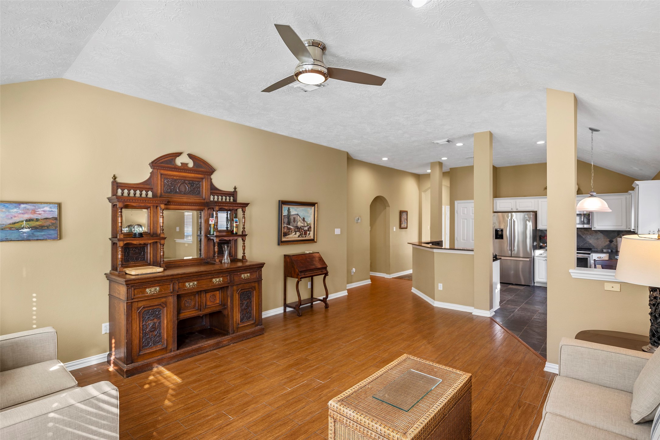 The wood look tile makes for easy maintenance.