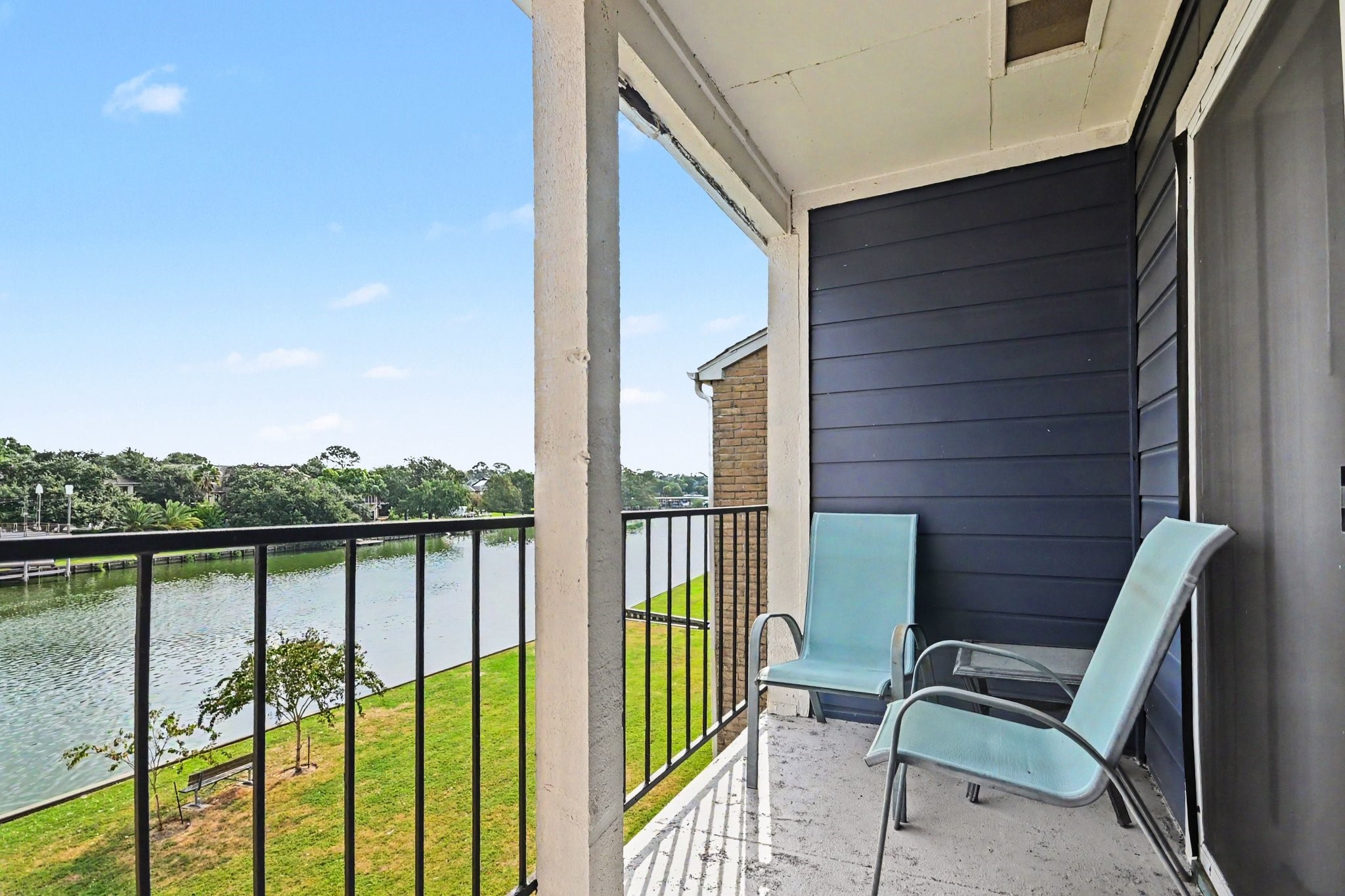 Covered balcony overlooking the water