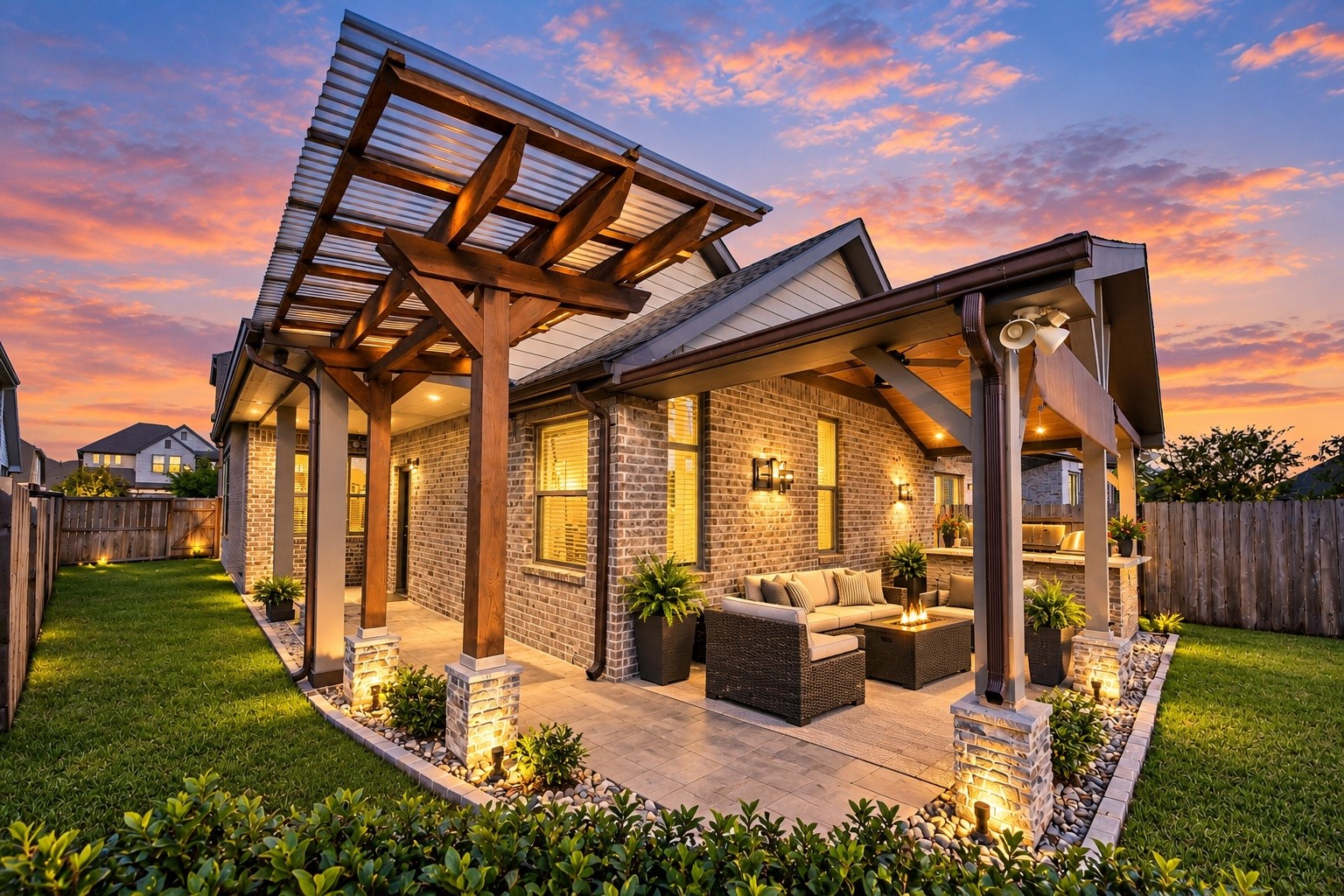 Stunning backyard retreat featuring an expansive covered patio, pergola, and beautifully maintained landscaping.