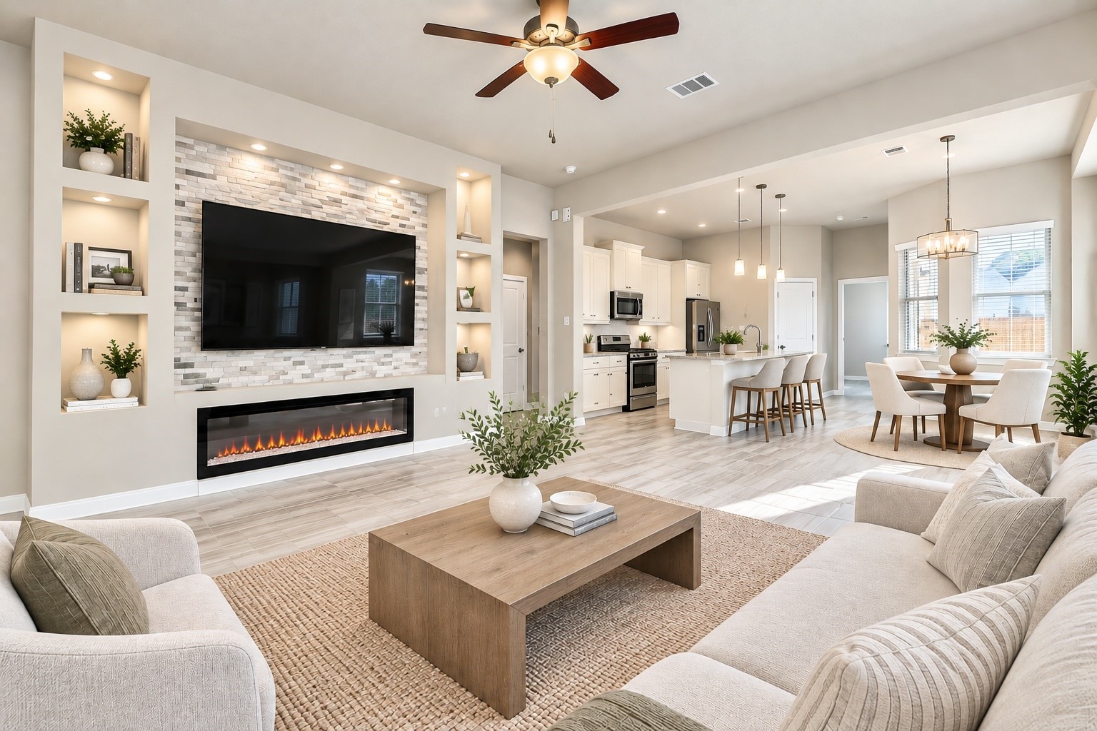 Inviting family room with a stylish fireplace, custom accent wall, and plenty of space for entertaining. *Photo is virtually staged*