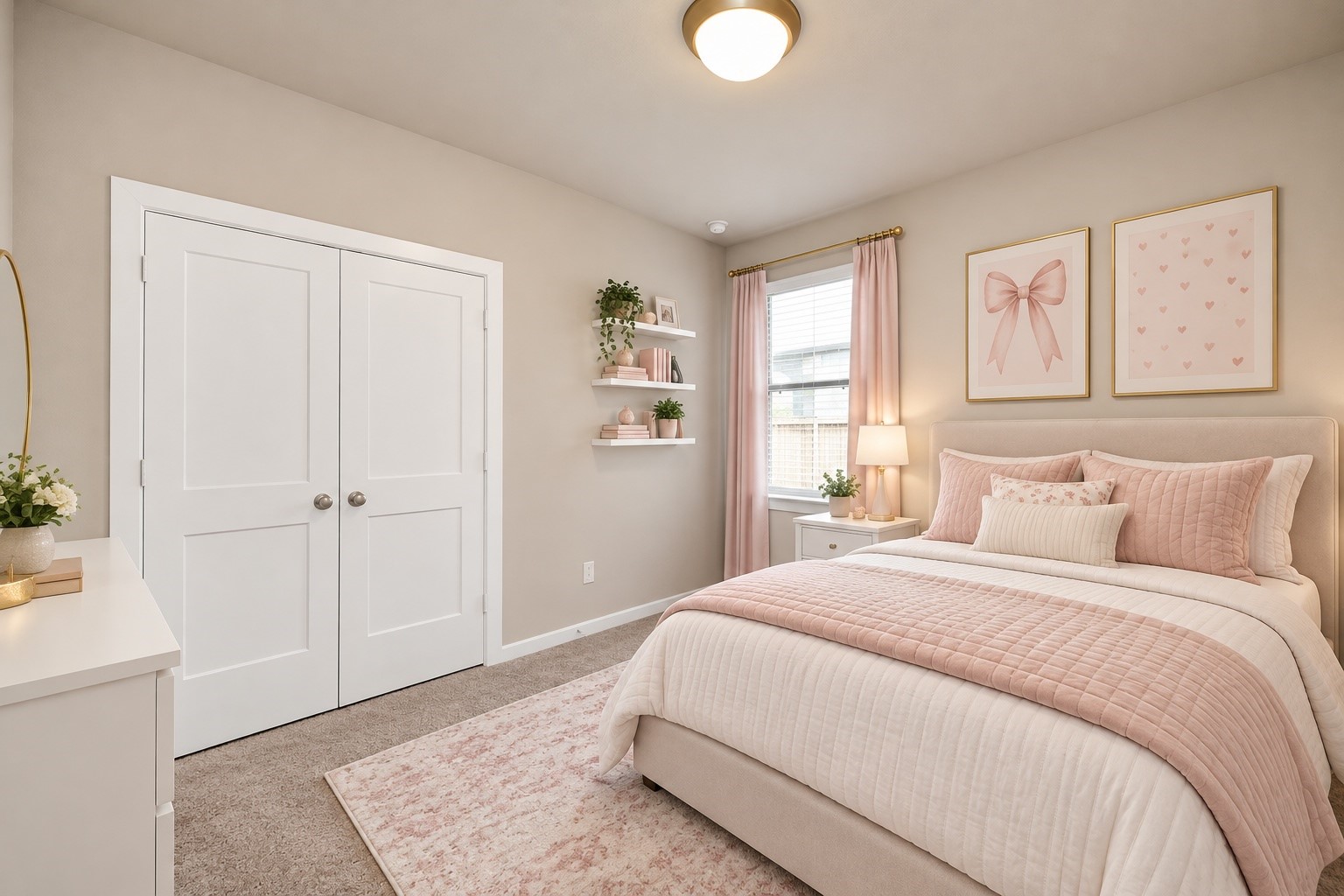 Charming secondary bedroom with soft neutral finishes, ample closet space, and a ceiling fan.