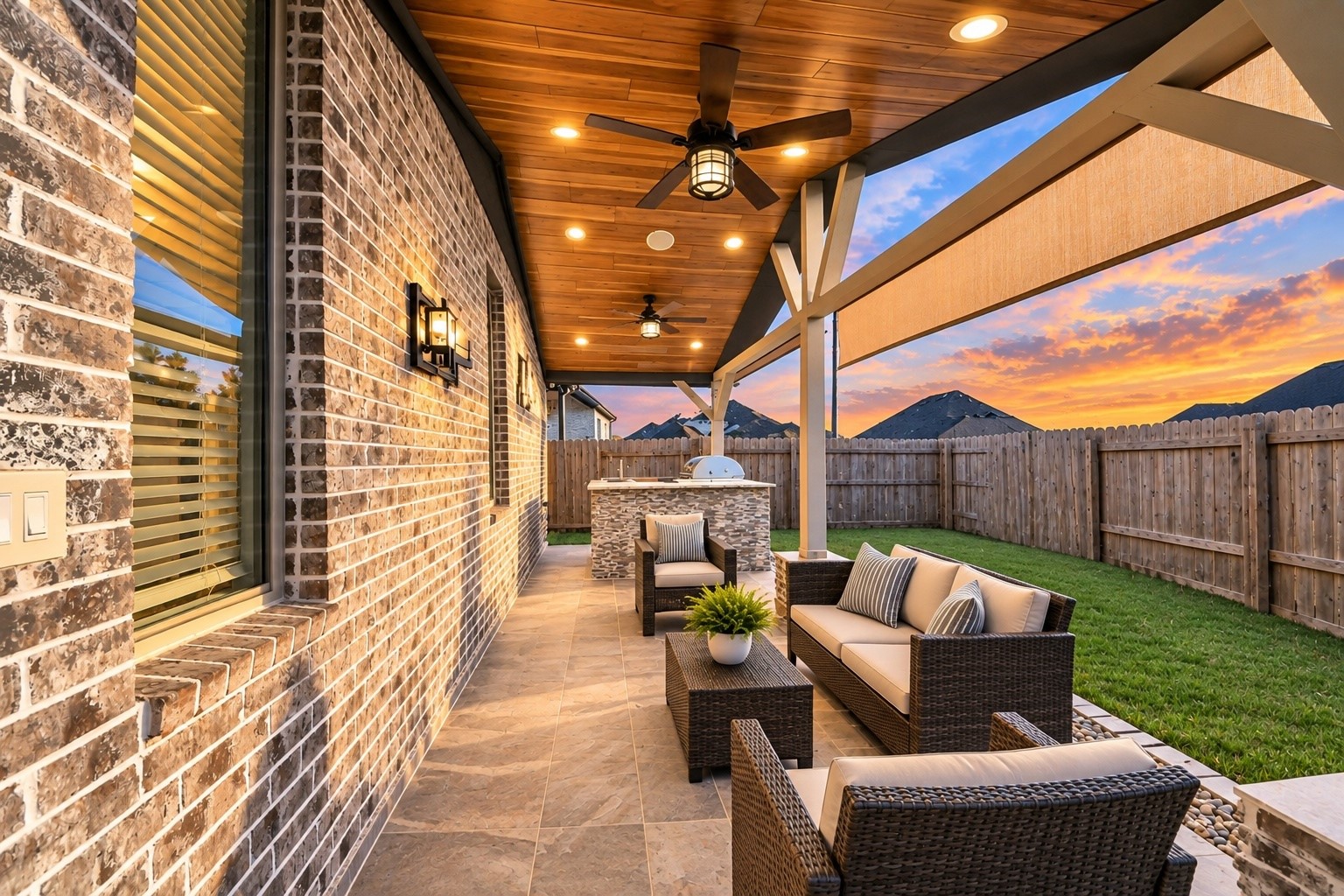 Enjoy outdoor relaxation beneath the spacious covered patio with wood accented ceilings and comfortable seating areas.