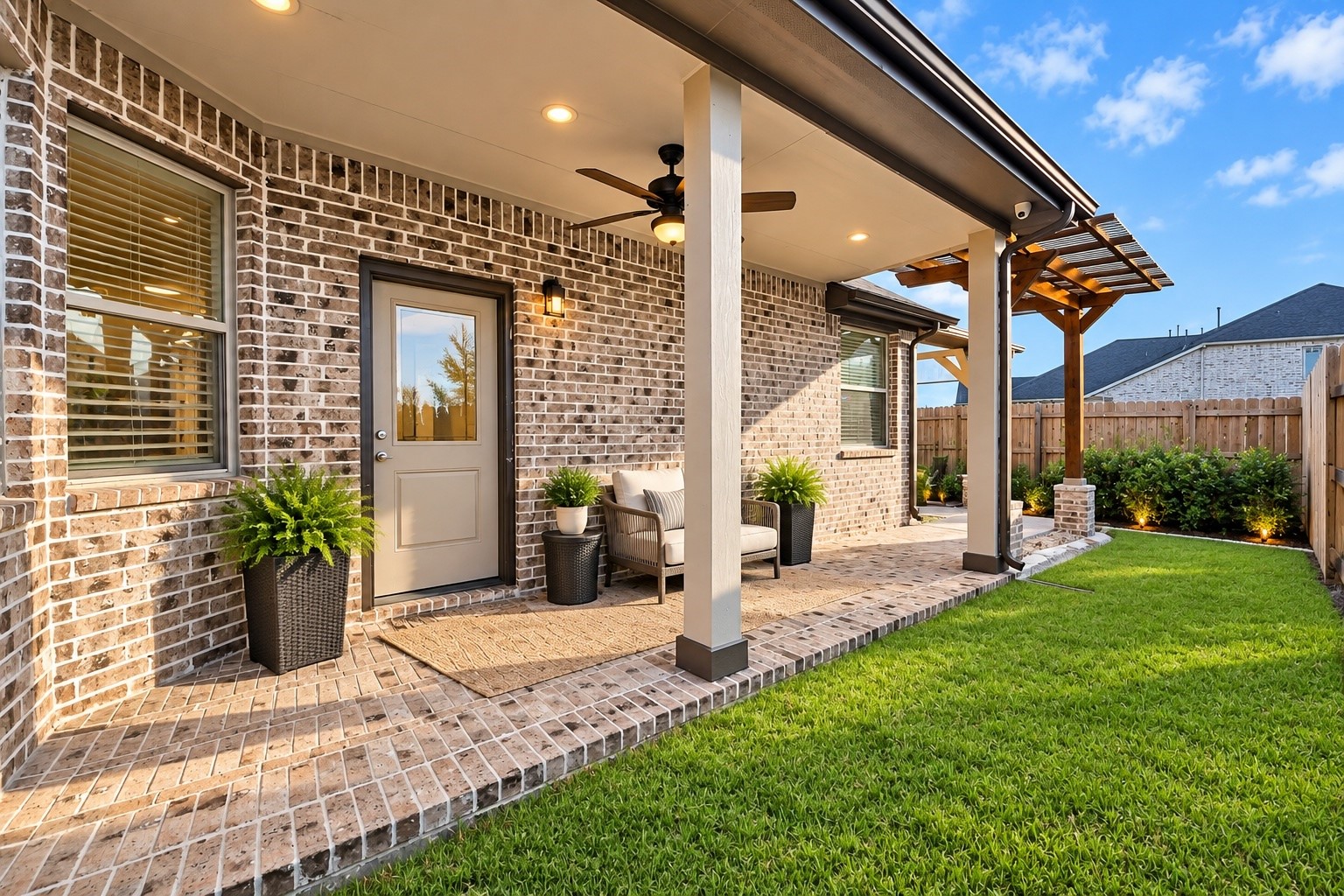 Beautifully designed backyard offering a covered patio, outdoor kitchen, and plenty of room to entertain.