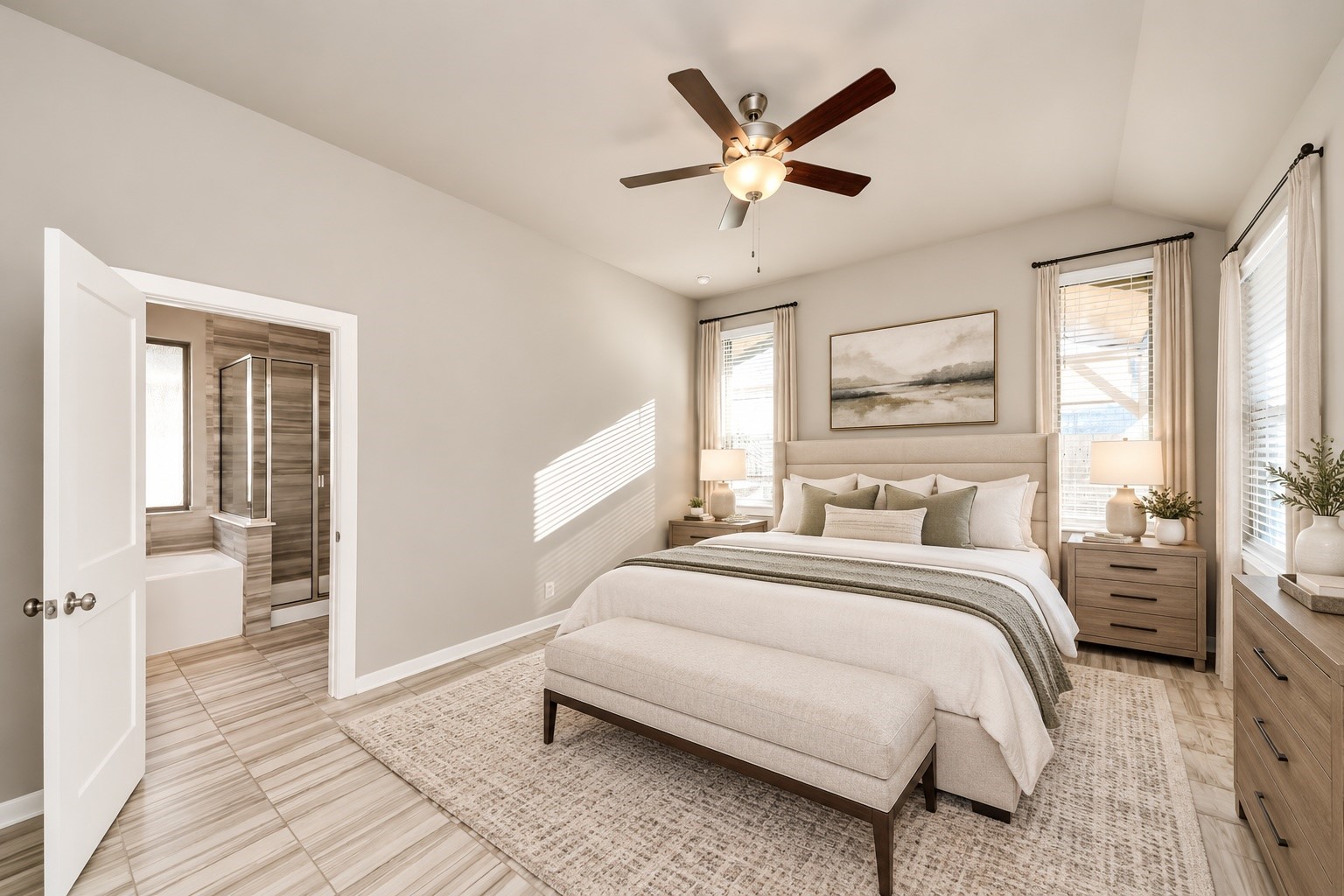 Spacious primary bedroom featuring neutral finishes, ceiling fan, and large windows overlooking the backyard.