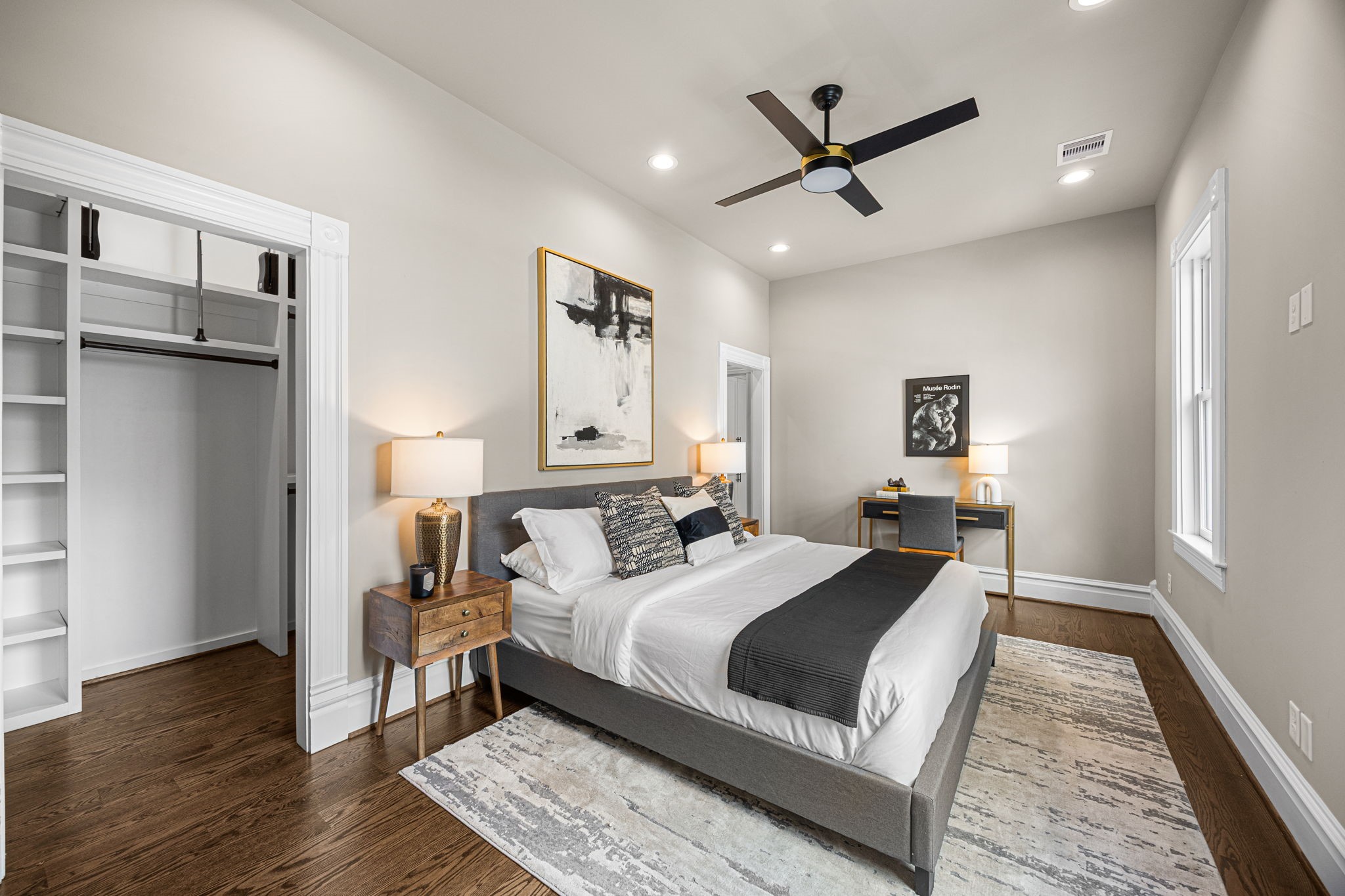 The primary suite is tucked away at the back of the home, and offers a peaceful retreat with no other bedrooms sharing walls. Notice the continuation throughout the 2nd floor of the oak hardwoods.