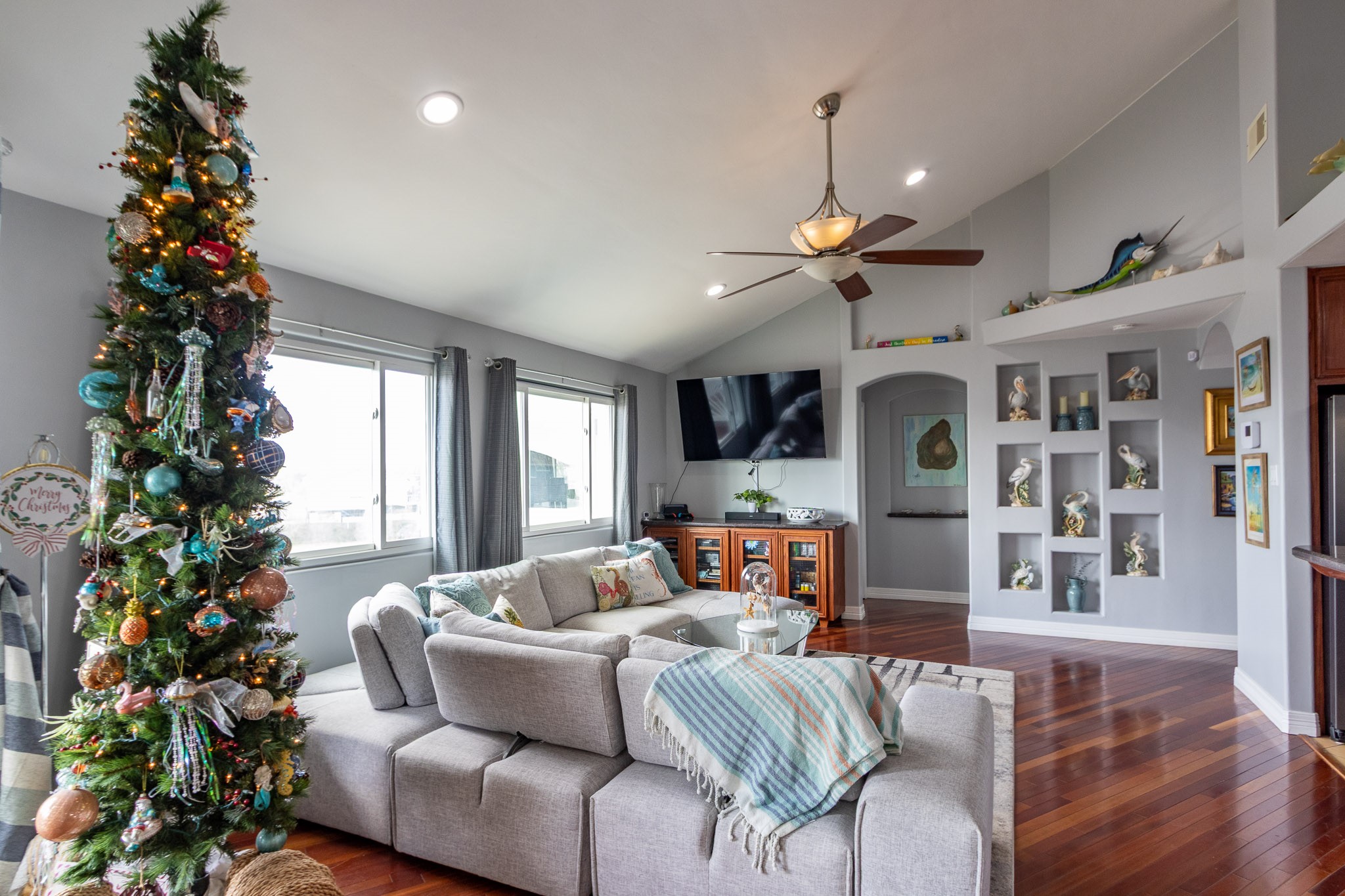 Spacious living room, bay view from the big picture windows  Brazilian Hardwood Cherry floors