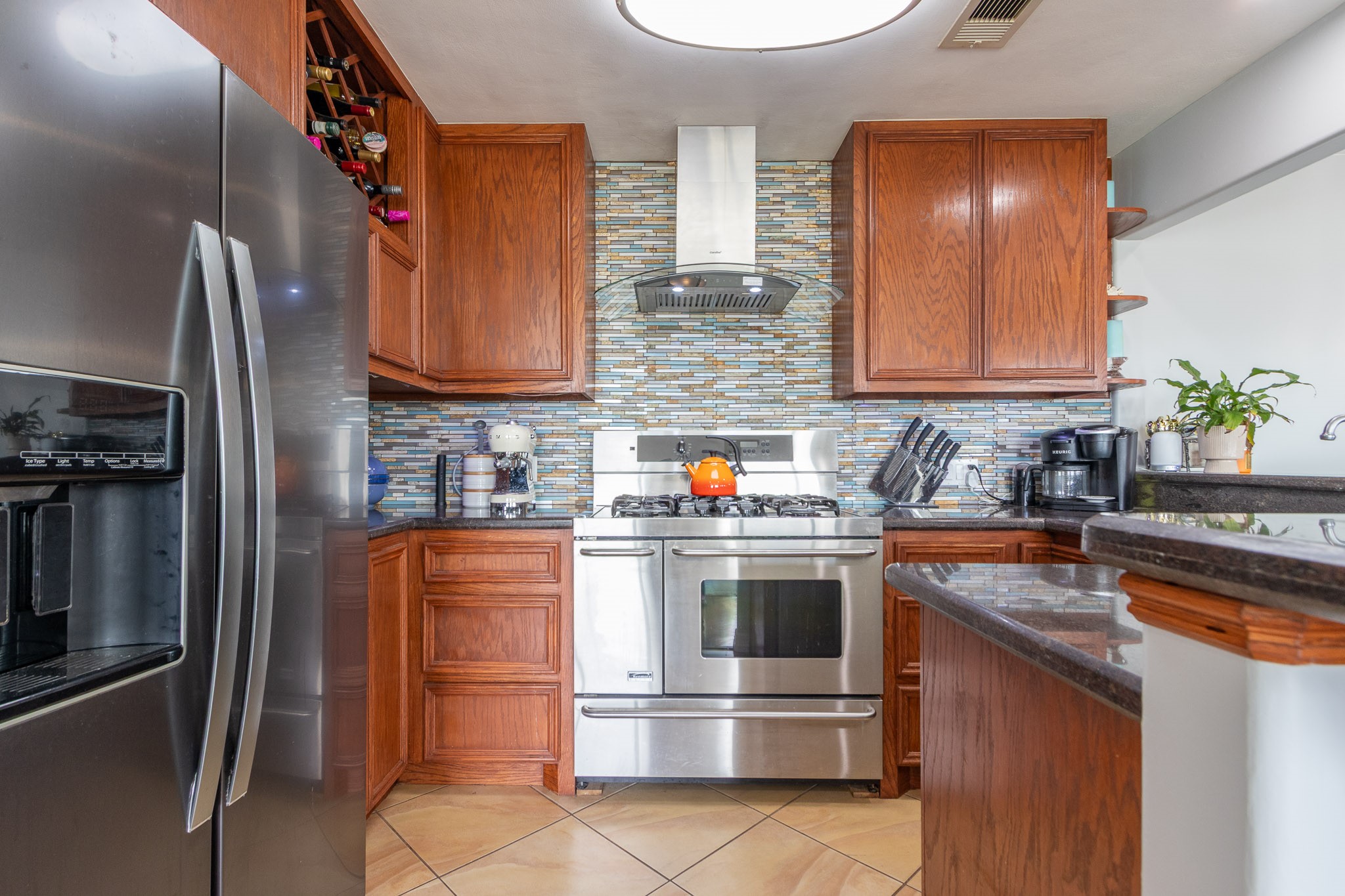 Custom cabinetry with pull out shelving, SS appliances