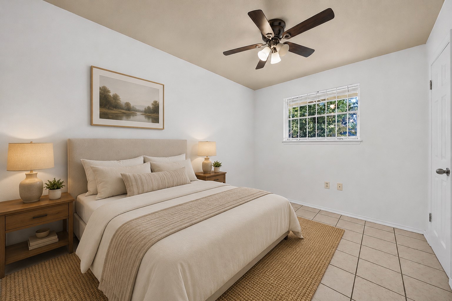 Inviting bedroom with natural light and classic charm.