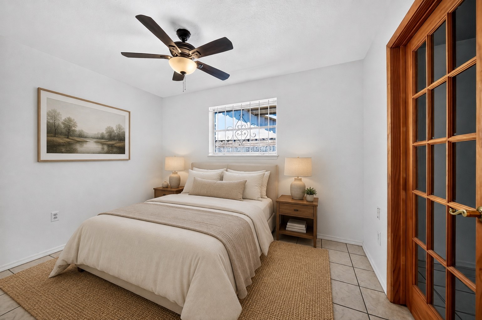 Cozy bedroom with French doors and warm wood accents.