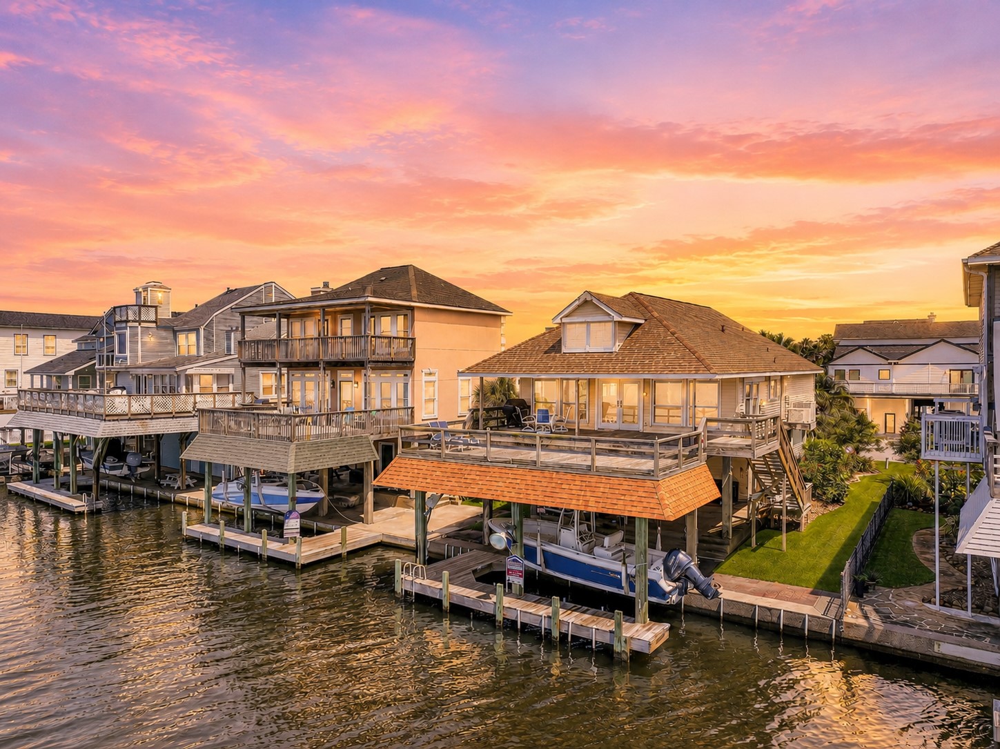 Perfectly positioned along the bay, this waterfront retreat offers an exceptional setting for coastal living. A sprawling entertaining deck, covered boat storage, private dock, and direct water access combine with sweeping sunset views to create a truly special island getaway.