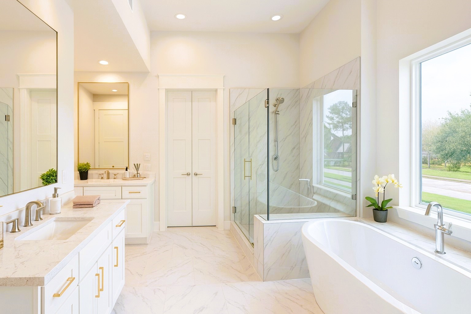 Primary Spa has Free Standing Tub, Separate Vanities and Frameless Shower.   Virtual staging added.