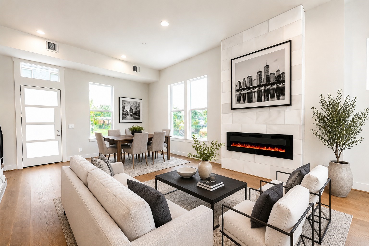 Sleek Electric Flame Color Changing Fireplace Encased in a Marble Surround from Floor to Ceiling (pic was virtually staged) Sleek Electric Flame Color Changing Fireplace Encased in a Marble Surround from Floor to Ceiling (pic was virtually staged)