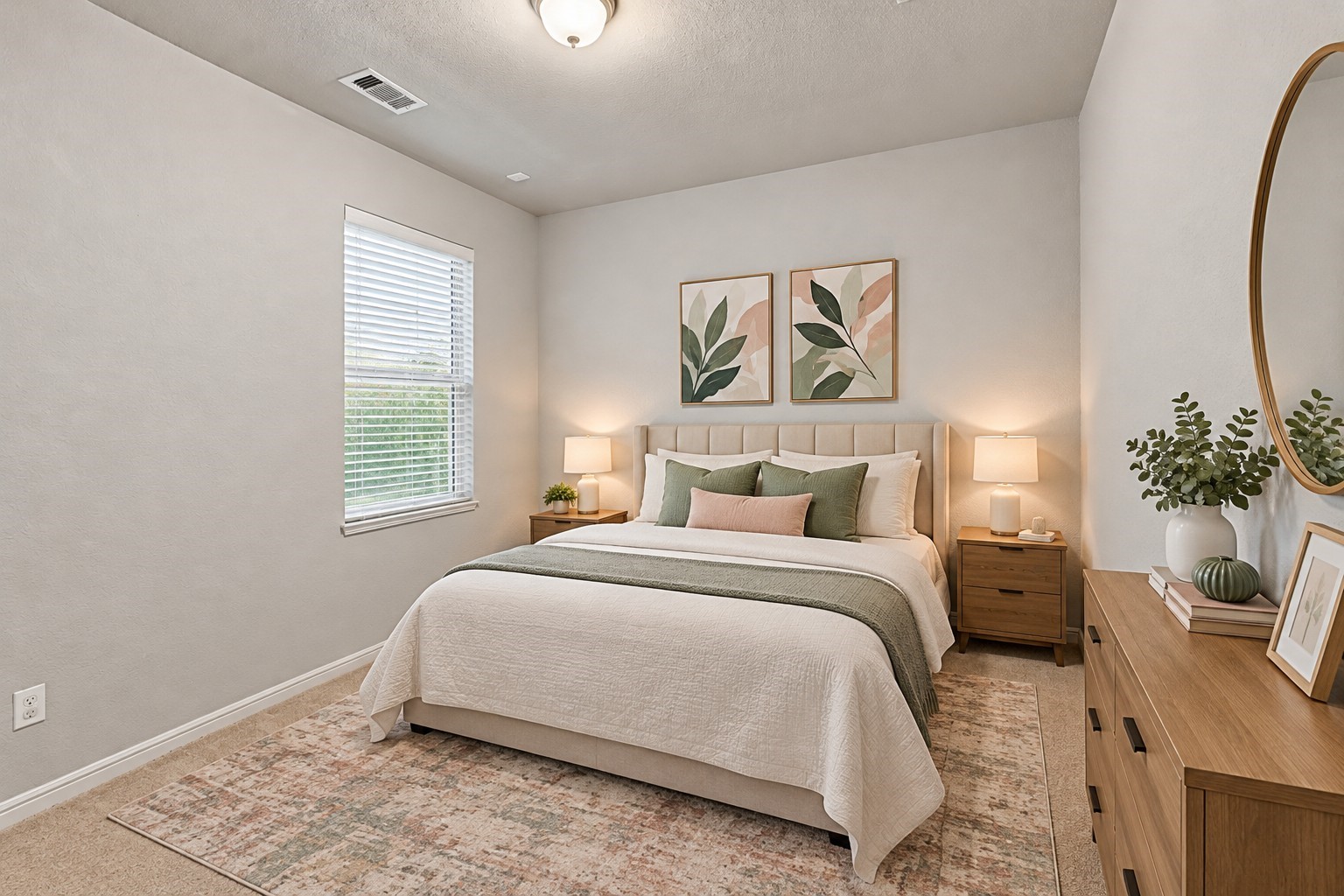 Comfortable secondary bedroom with soft carpeting, neutral walls, and natural light.**Virtually staged