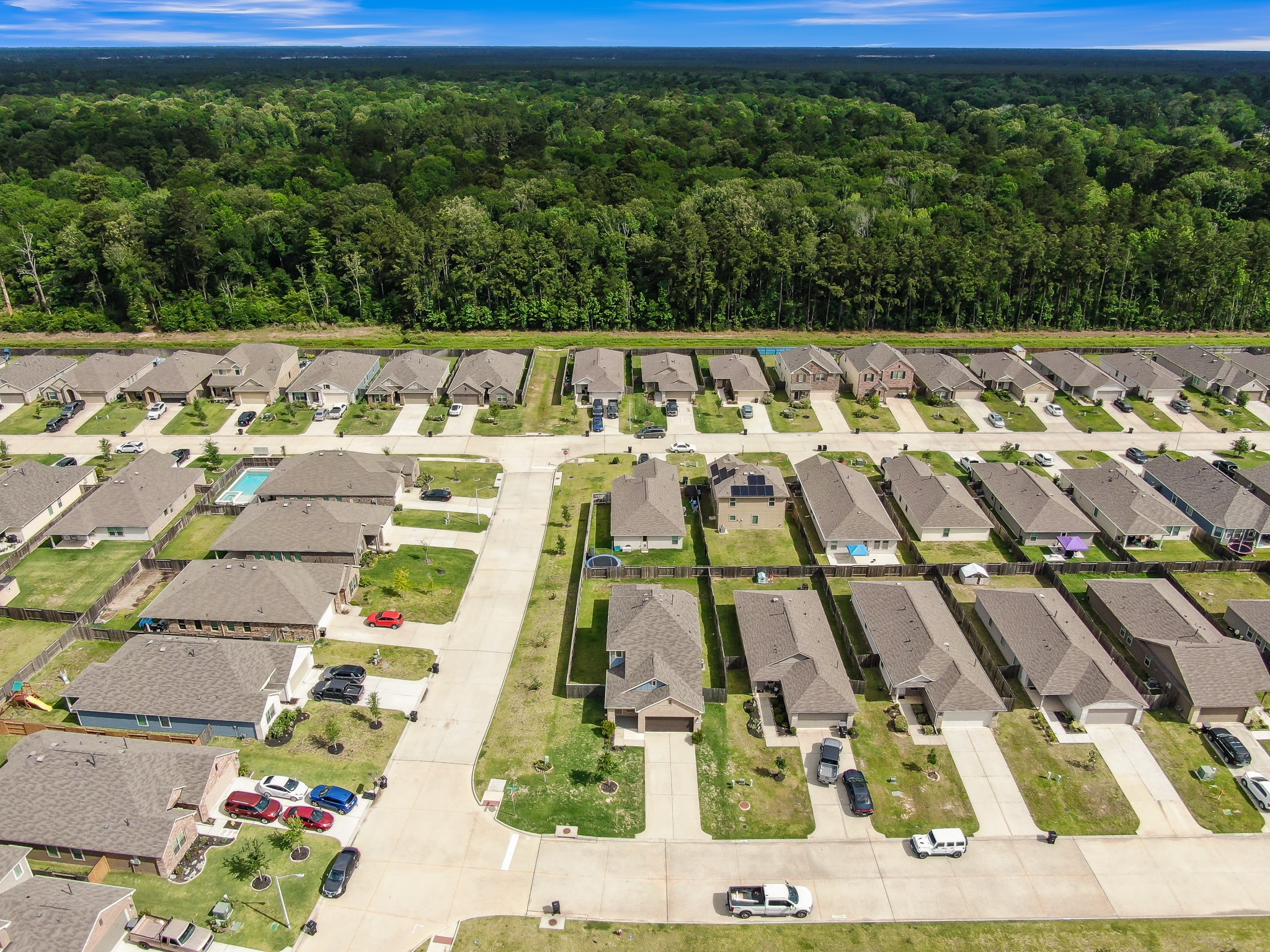 This photo showcases a suburban neighborhood with rows of single-family homes, each with driveways and neatly maintained lawns. The area is adjacent to a large, lush forest, providing a scenic backdrop and a sense of privacy.