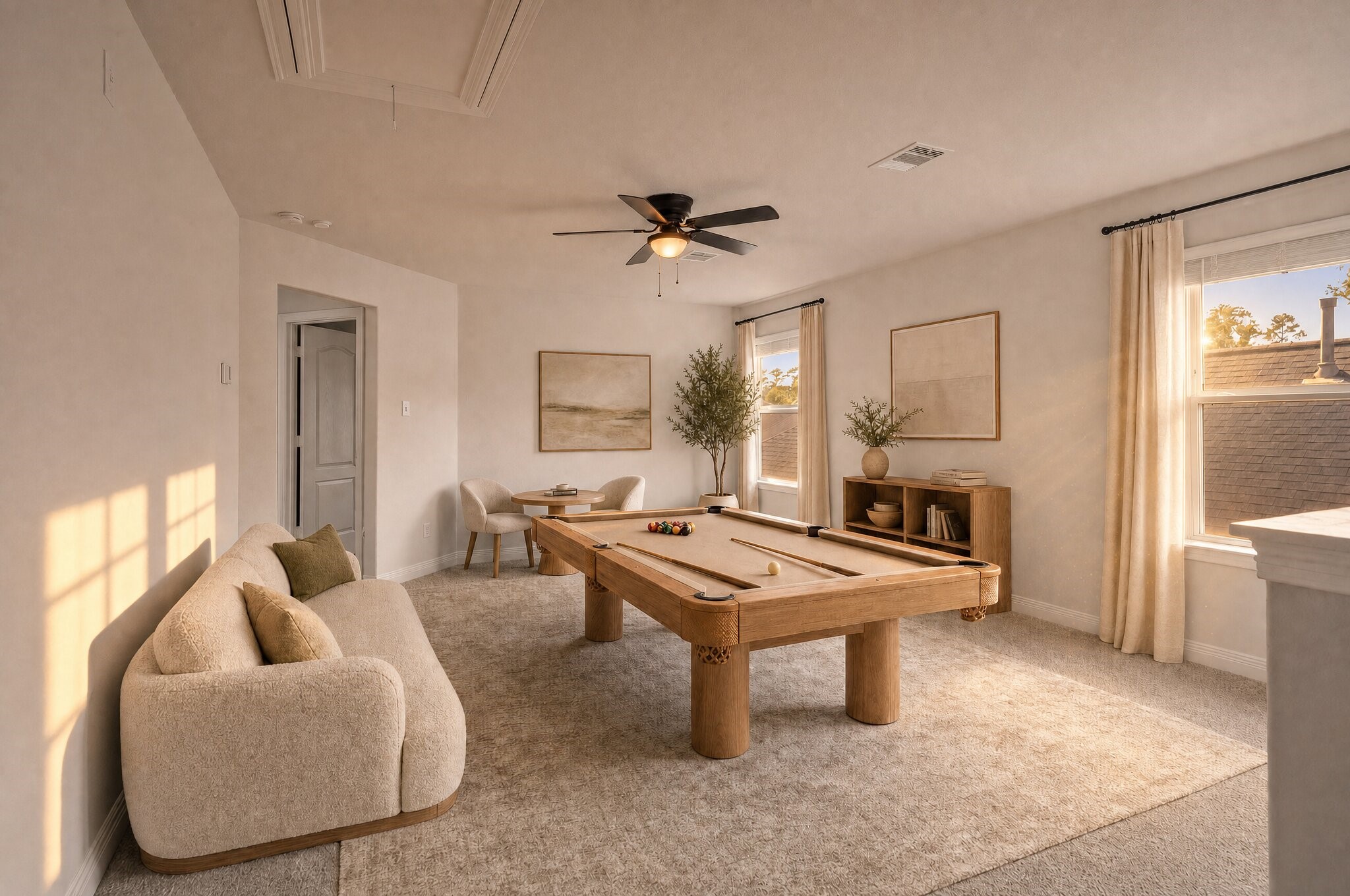 Upstairs, this oversized flex room/loft gives you the freedom to create a media lounge, game room, play space, or all three. This photo has been digitally edited.